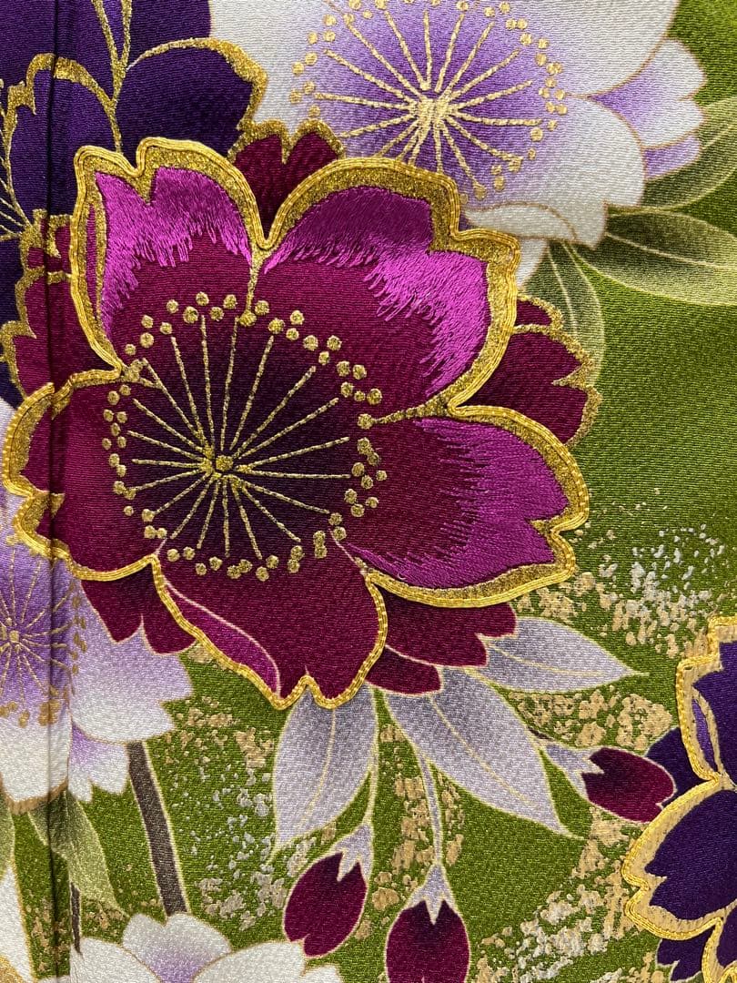 振り袖　フルセット　別誂長襦袢　成人式　白　緑　金彩加工　刺繍入り　722