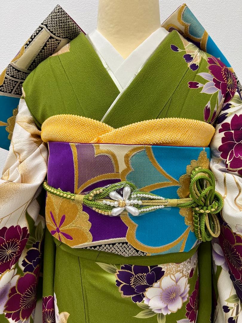 振り袖　フルセット　別誂長襦袢　成人式　白　緑　金彩加工　刺繍入り　722