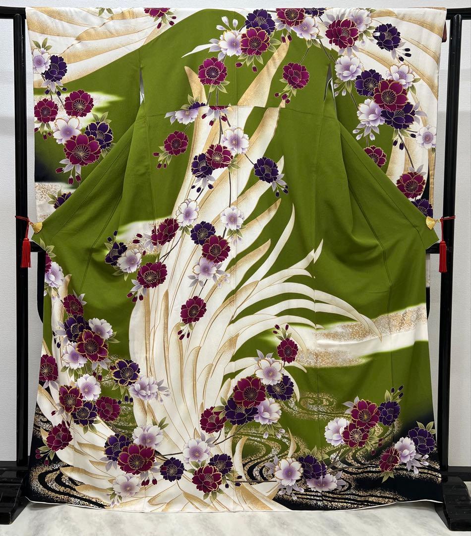 振り袖　フルセット　別誂長襦袢　成人式　白　緑　金彩加工　刺繍入り　722