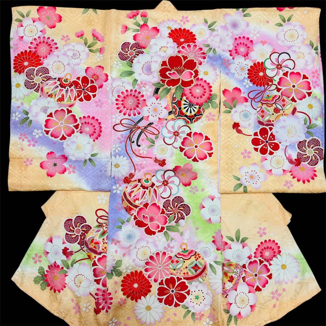 《新品》伝統色 杏色❗️正絹 刺繍入 お宮参り 京友禅多色ぼかし 産着/たとう紙付