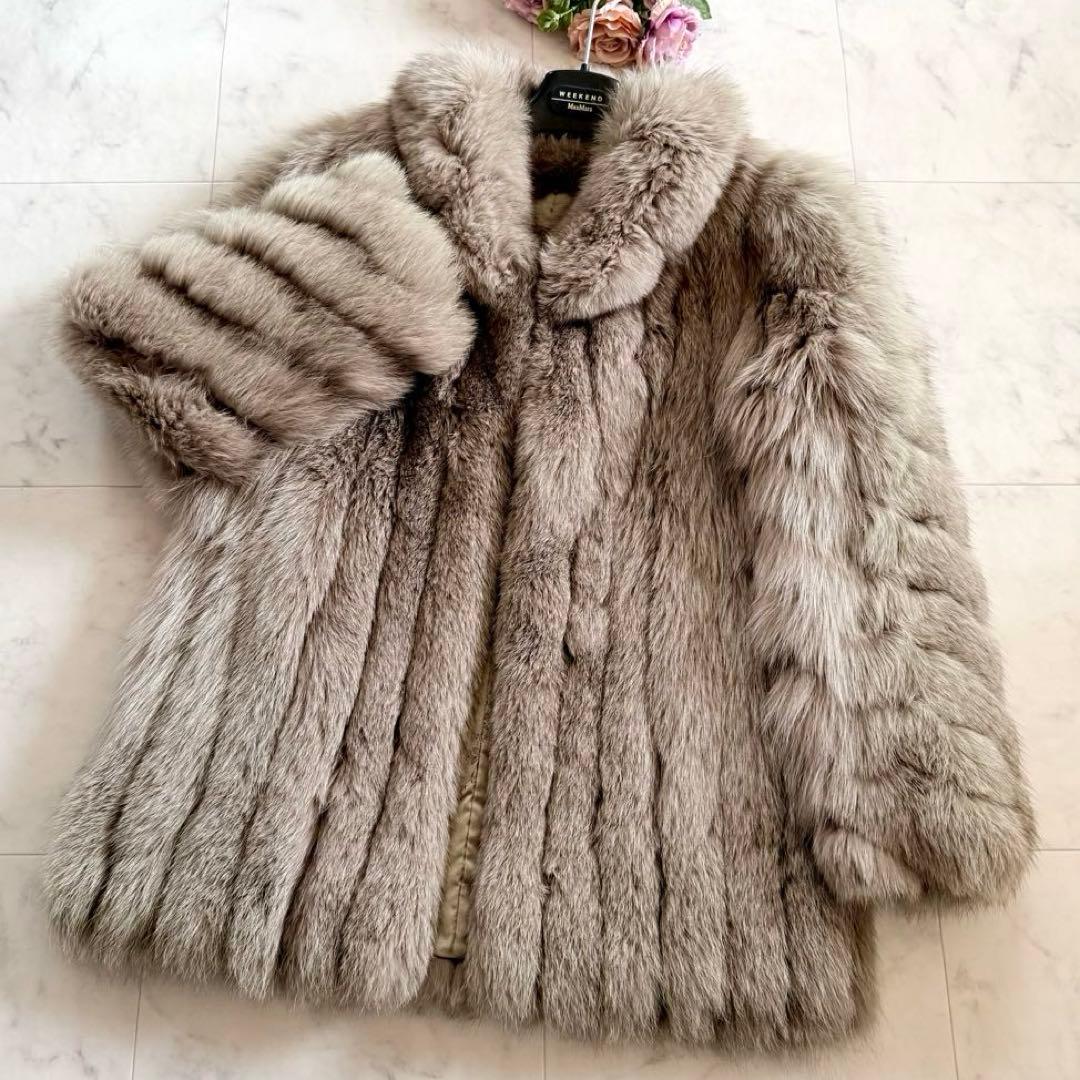 肉厚ボリューム◎ グレージュ 染めフォックス ファーコート リアルファー 毛皮