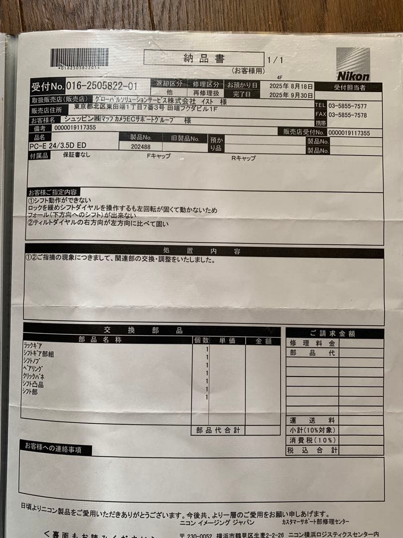 Nikon PC-E NIKKOR 24mm f/3.5D ED 説明書付属