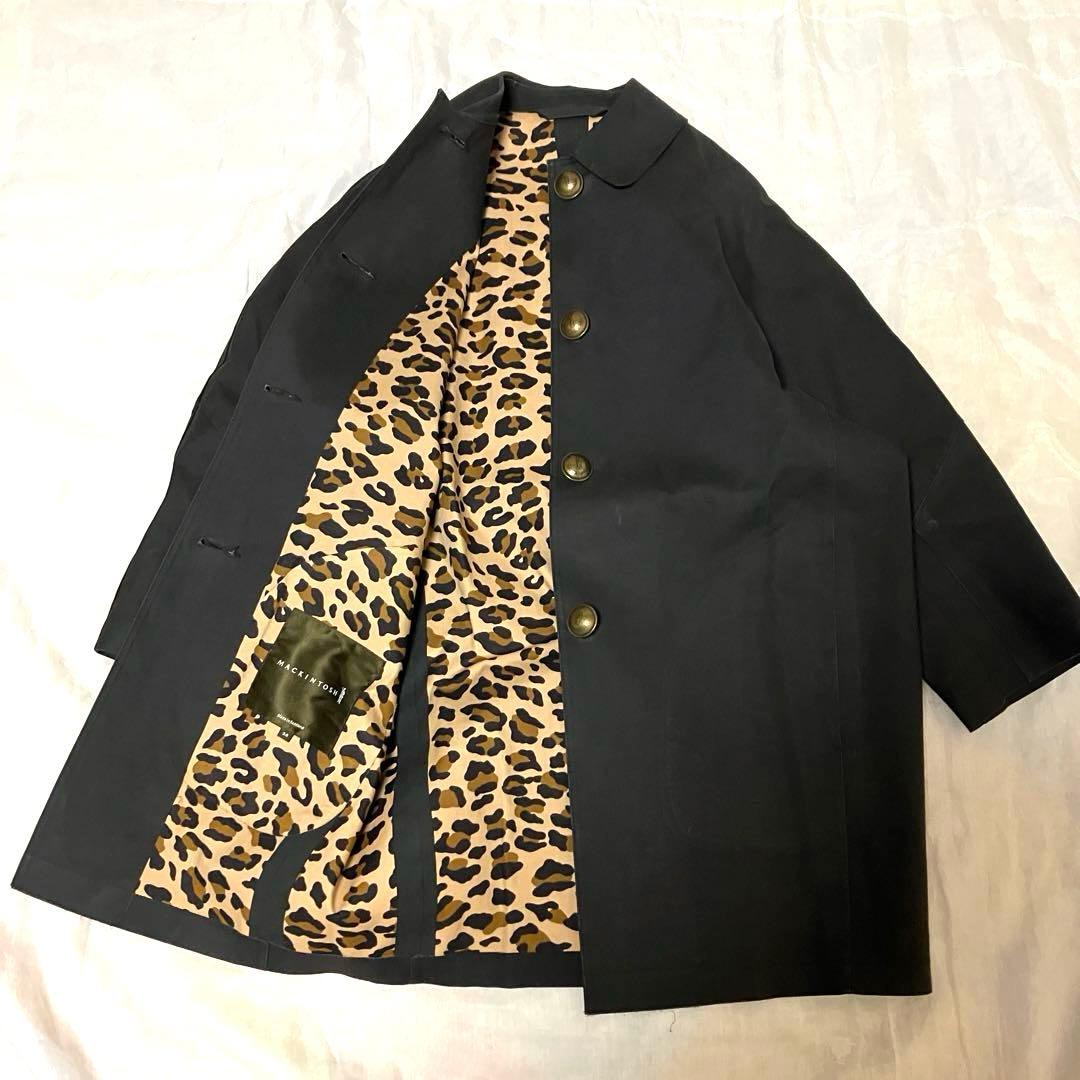 【希少✨】マッキントッシュ　ゴム引きコート　裏地　レオパード　金ボタン　黒　34