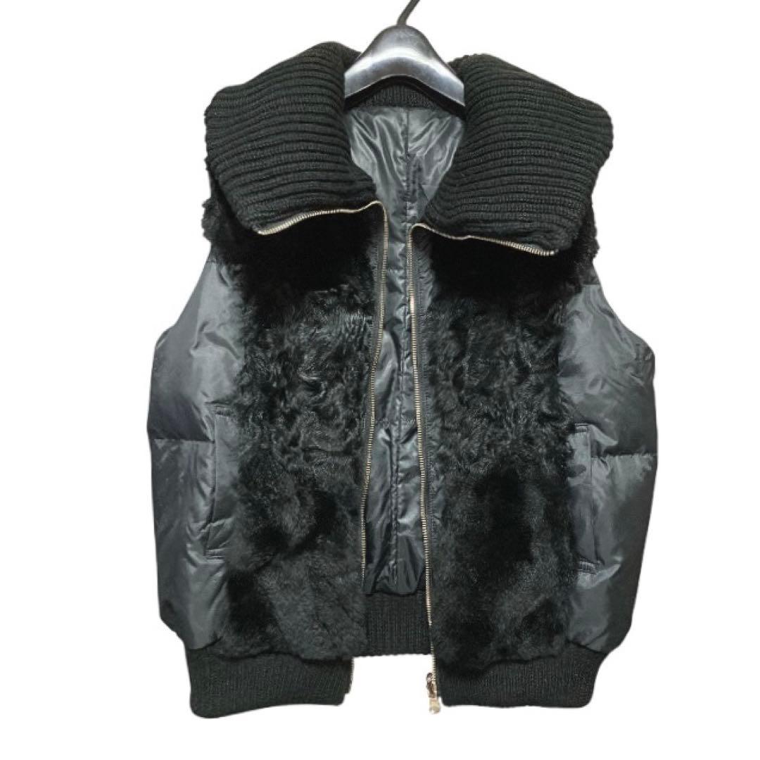 adagietto リバーシブルニットダウンベスト 黒 ラビットファー M-L
