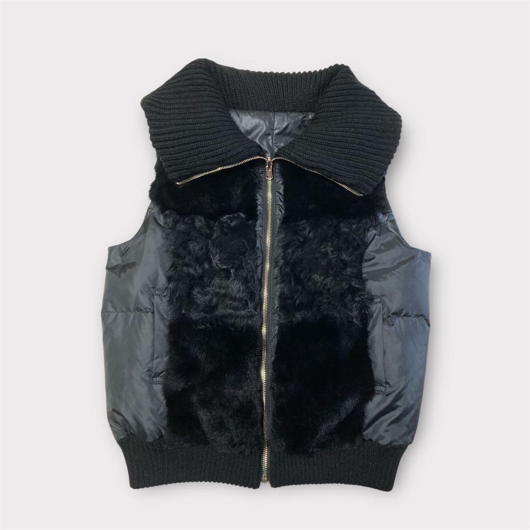adagietto リバーシブルニットダウンベスト 黒 ラビットファー M-L