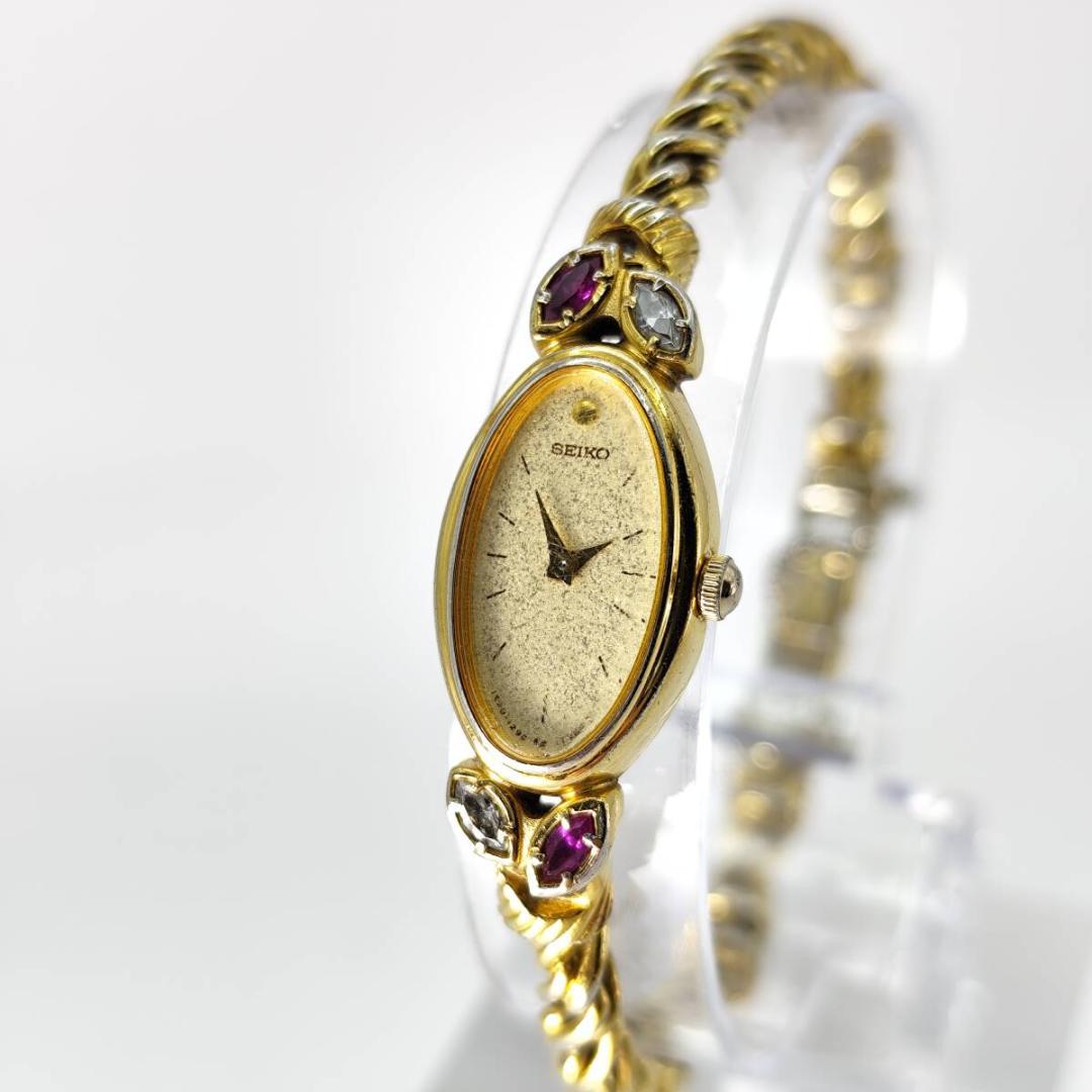 稼働 セイコー エクセリーヌ 2Pダイヤ シェル文字盤 ゴールド シルバー 時計