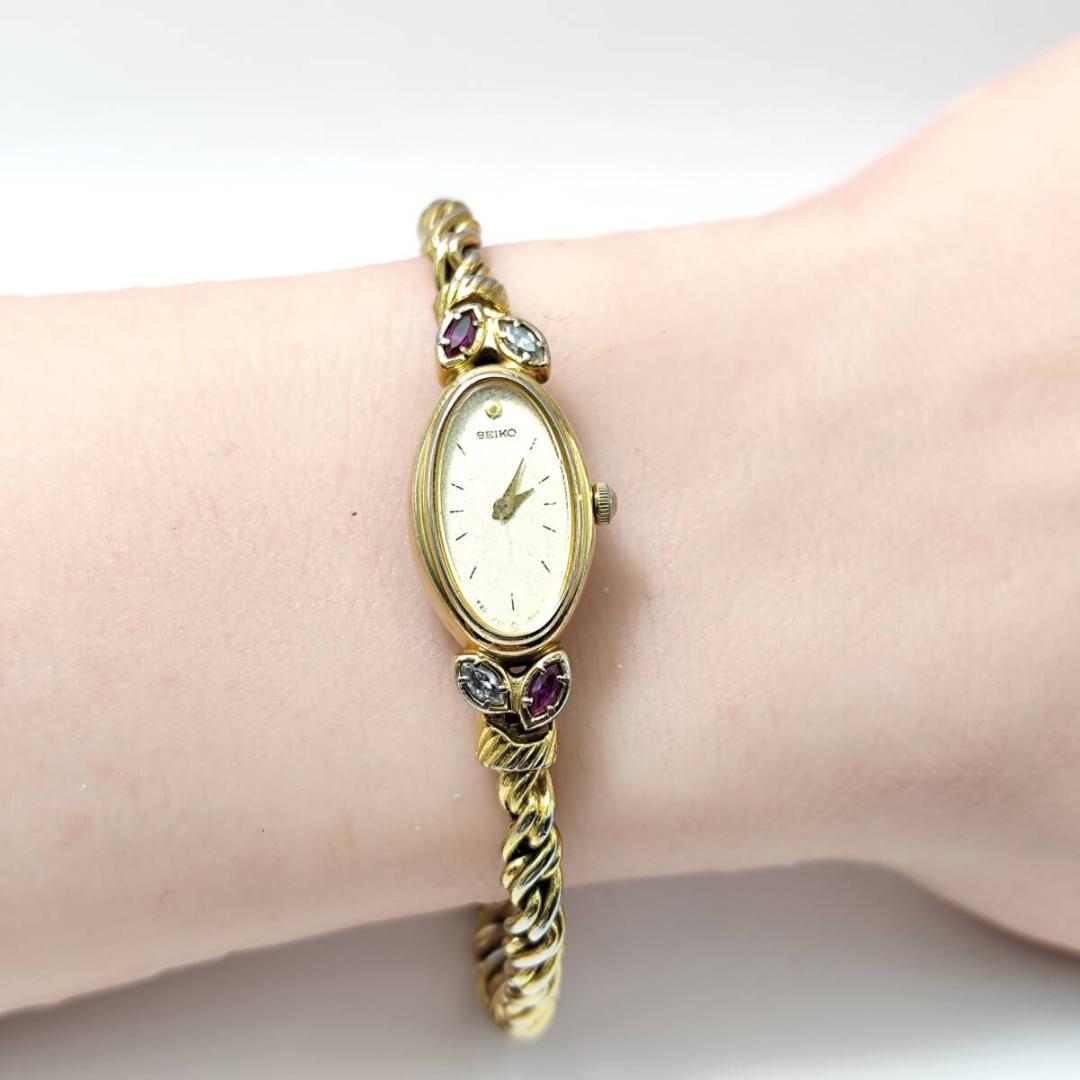 稼働 セイコー エクセリーヌ 2Pダイヤ シェル文字盤 ゴールド シルバー 時計