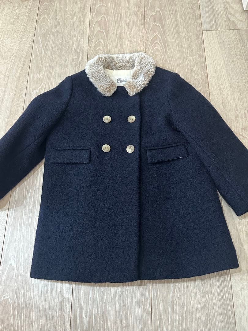 クリーニング済！ボンポワン　ネイビー ウールコート ファー付き