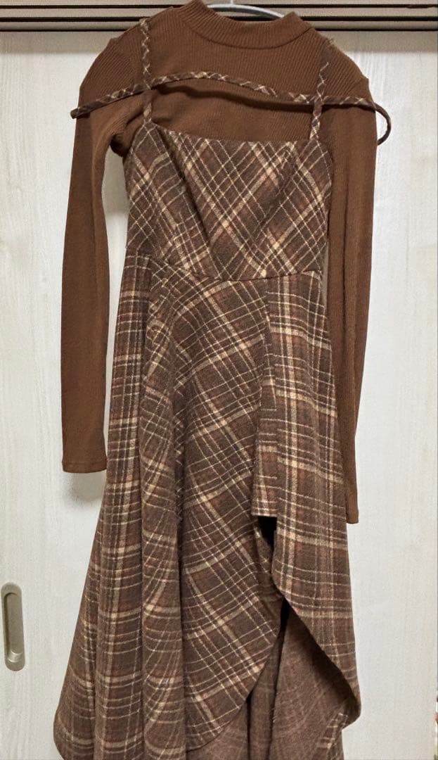 Darich レイヤードチェックイレヘムミディワンピース ブラウン