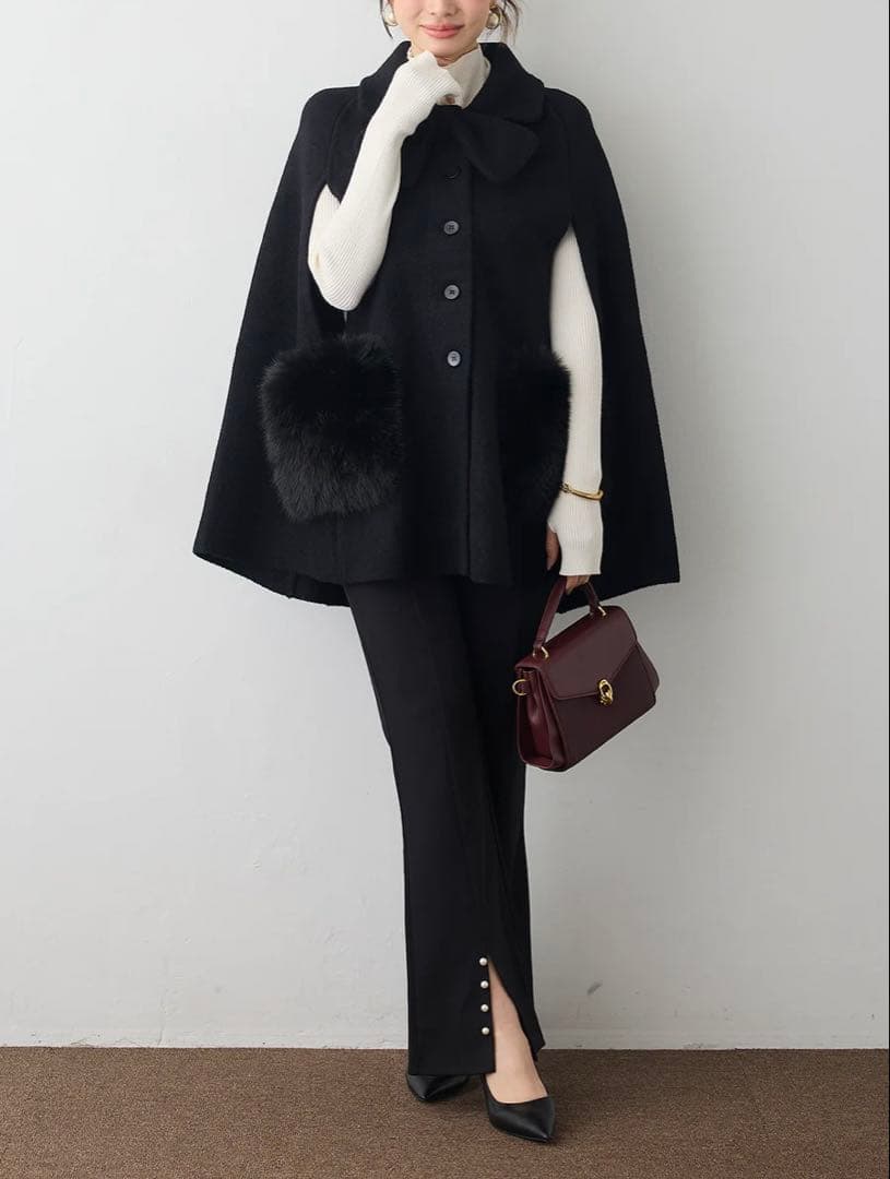 ウールタッチファーポケットポンチョコート/ ブラック Frene