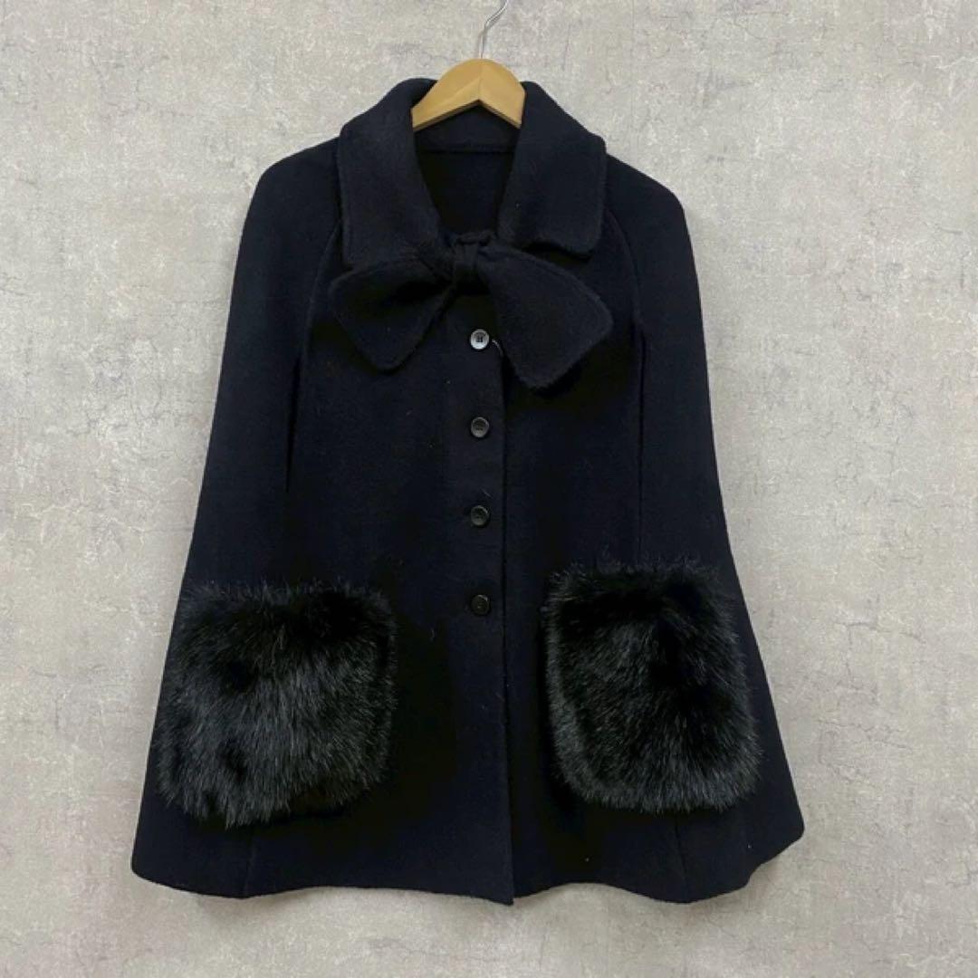 ウールタッチファーポケットポンチョコート/ ブラック Frene