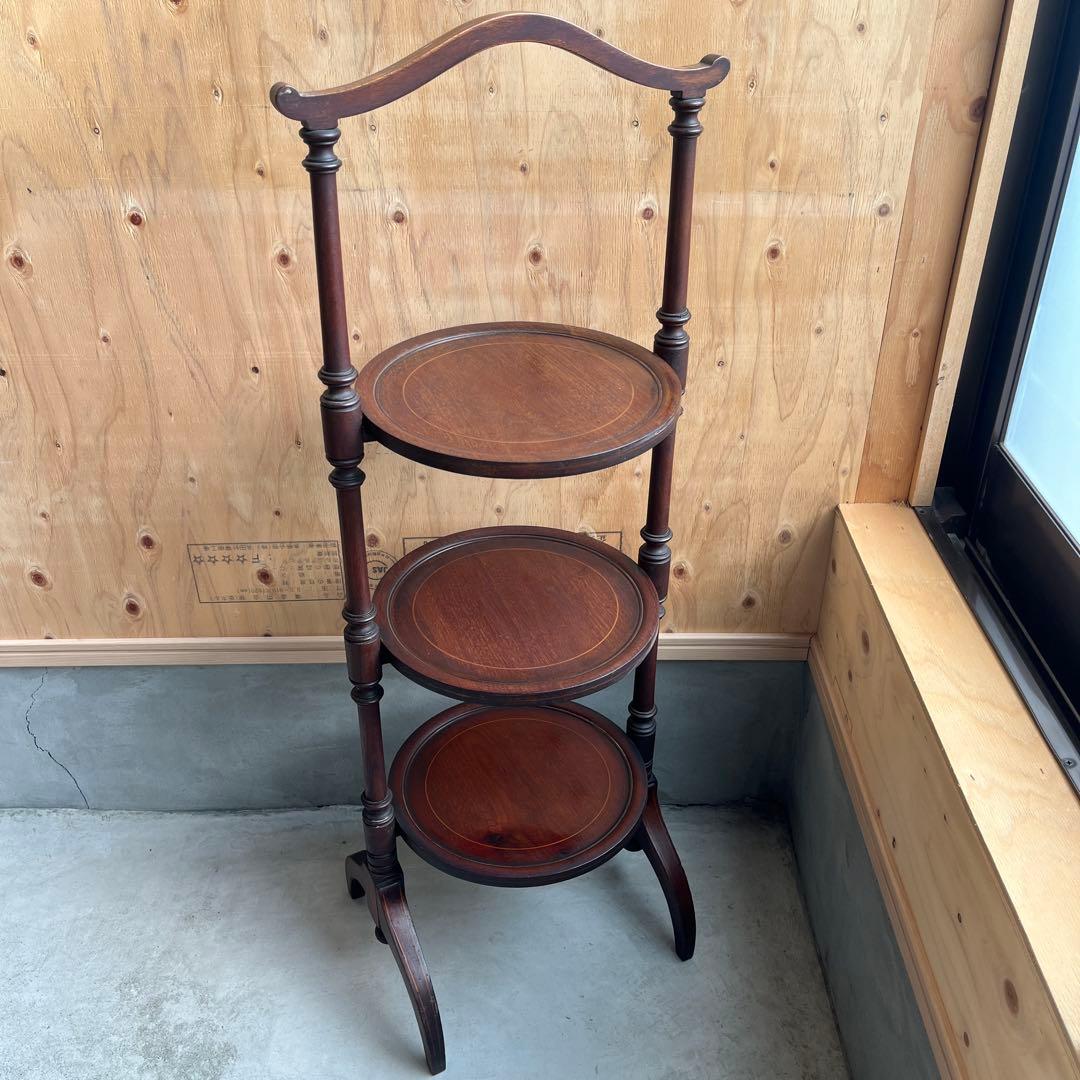 ケーキスタンド アンティーク イギリス 木製 三段 インレイ アフタヌーンティー