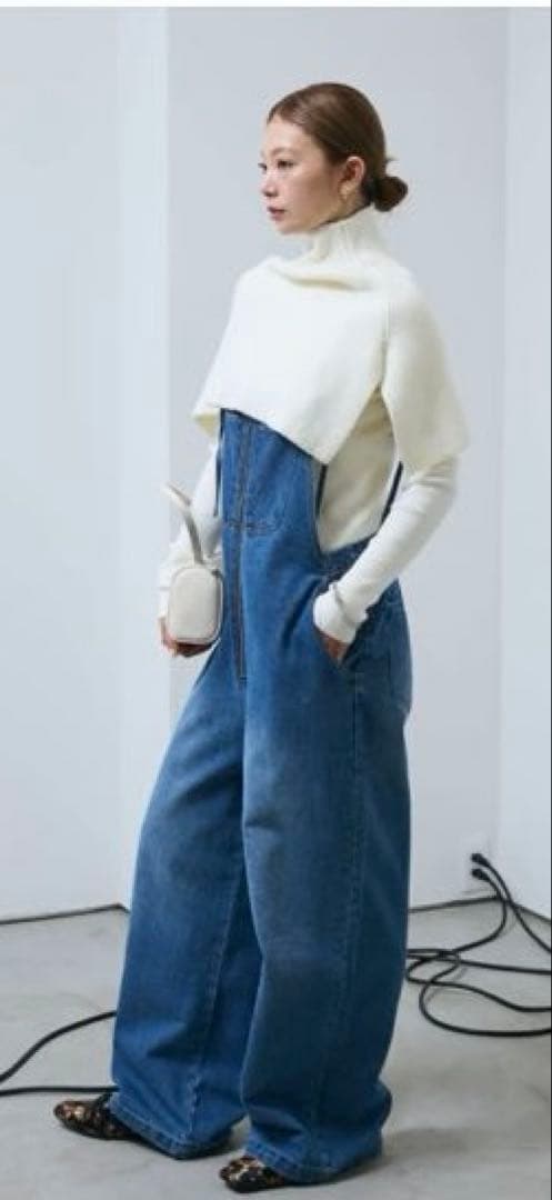 IAMALPHAケープアンサンブルニット+デニムサロペット　3点セット