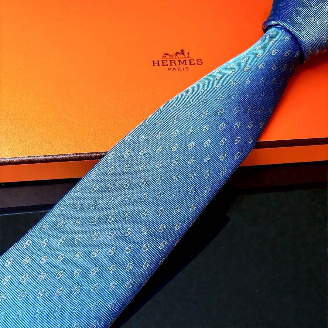 箱付き 未使用 HERMES シェーヌダンクル 総柄 ネクタイ 7.5