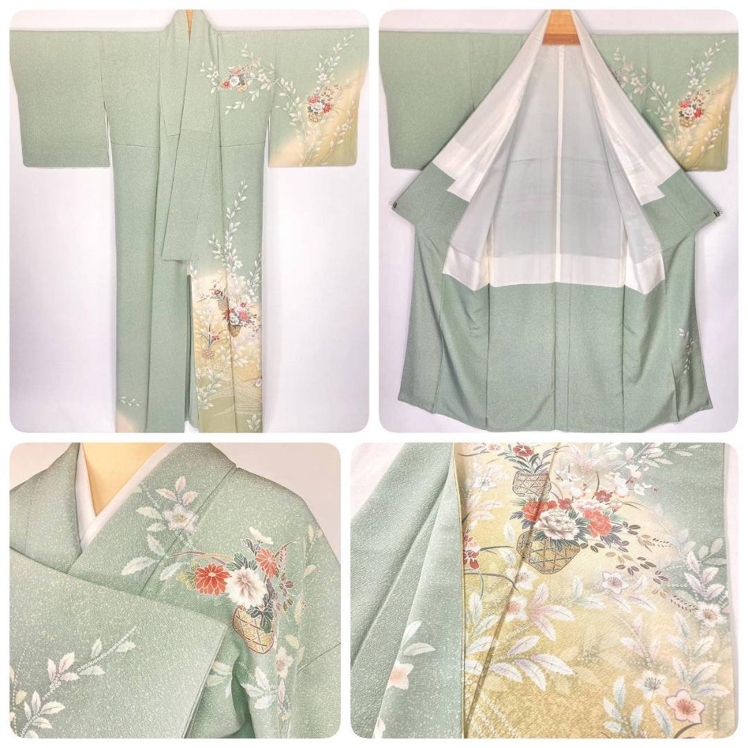 未使用 四季の花々 絞り 手描き友禅 訪問着 黄緑 黄色 パステル 1402