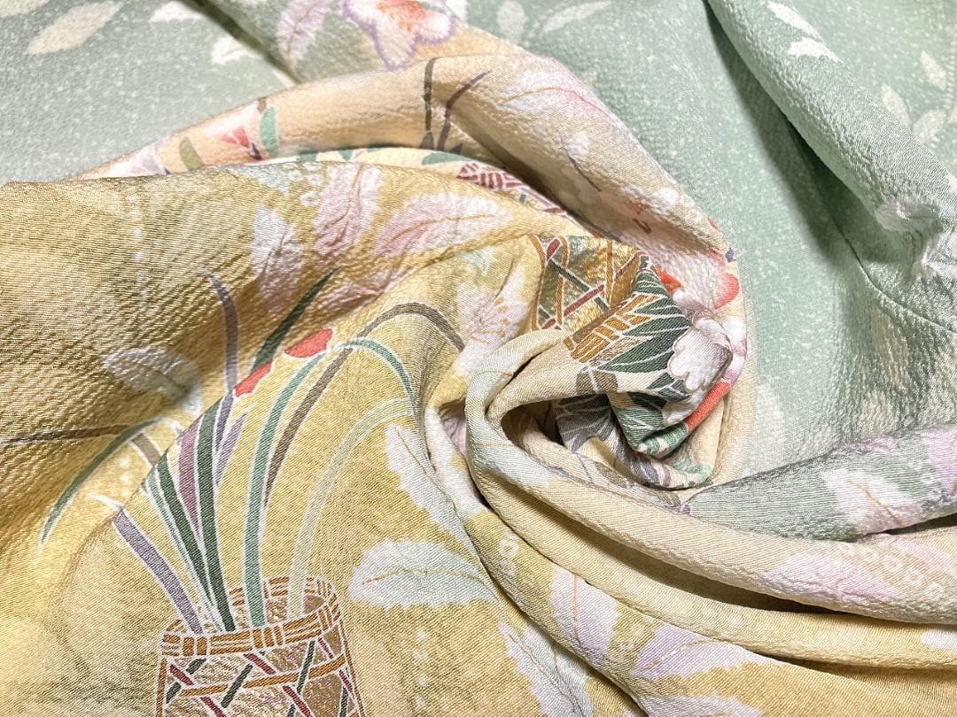 未使用 四季の花々 絞り 手描き友禅 訪問着 黄緑 黄色 パステル 1402