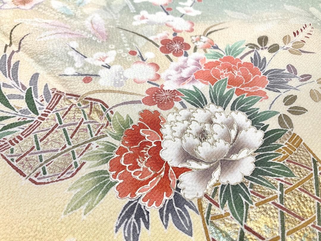 未使用 四季の花々 絞り 手描き友禅 訪問着 黄緑 黄色 パステル 1402