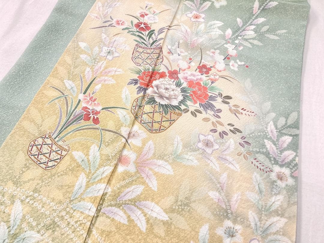 未使用 四季の花々 絞り 手描き友禅 訪問着 黄緑 黄色 パステル 1402