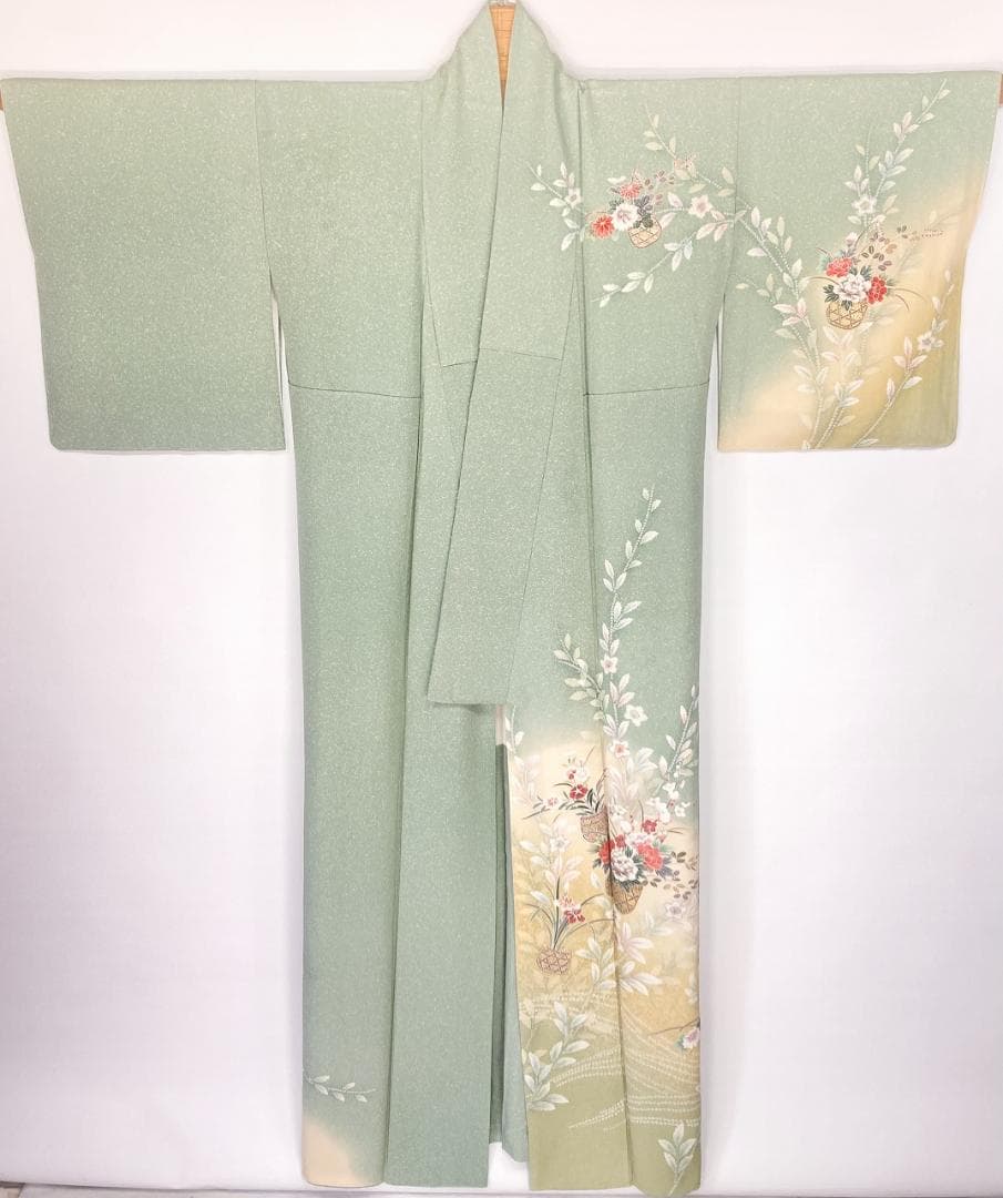 未使用 四季の花々 絞り 手描き友禅 訪問着 黄緑 黄色 パステル 1402