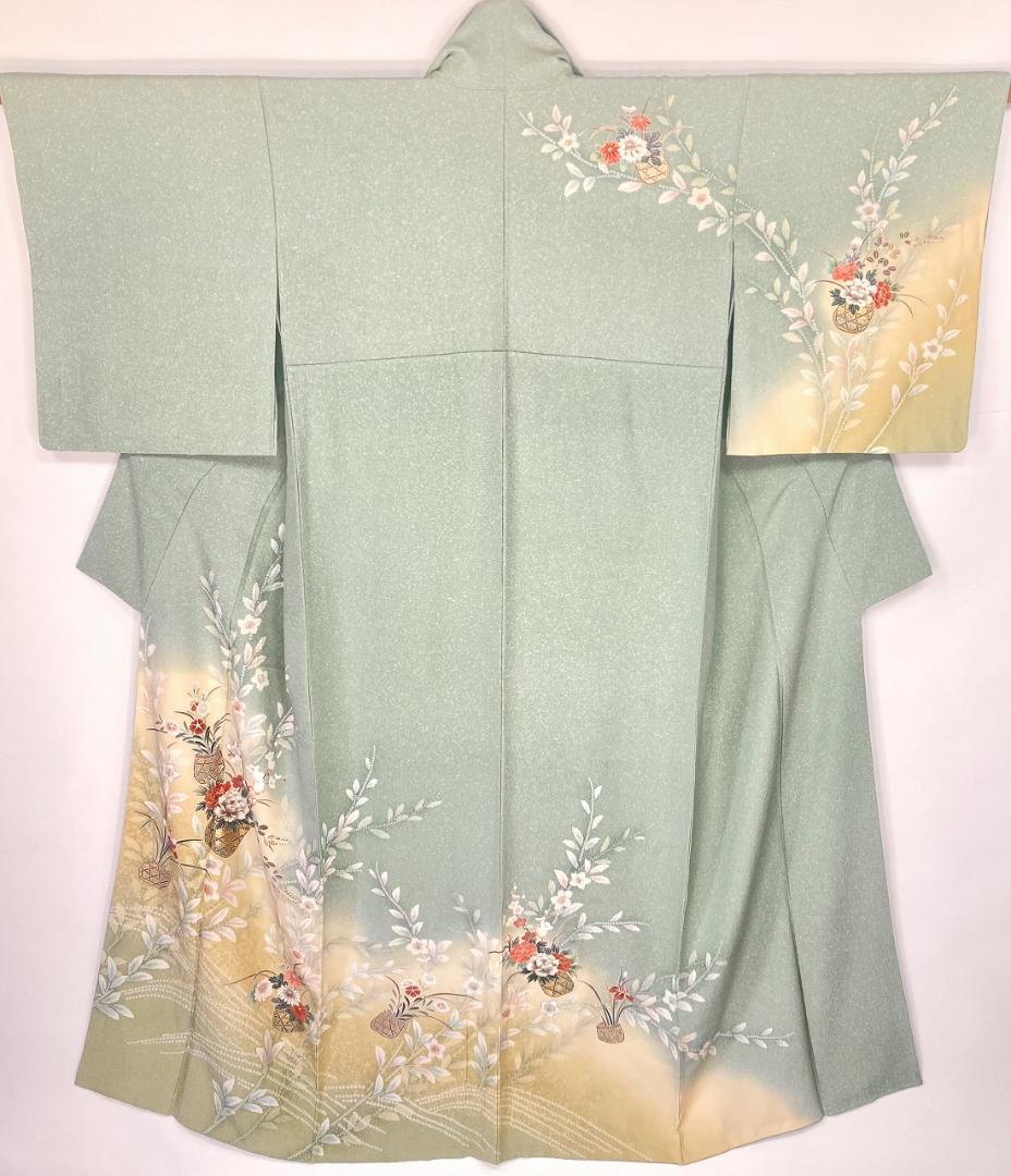 未使用 四季の花々 絞り 手描き友禅 訪問着 黄緑 黄色 パステル 1402