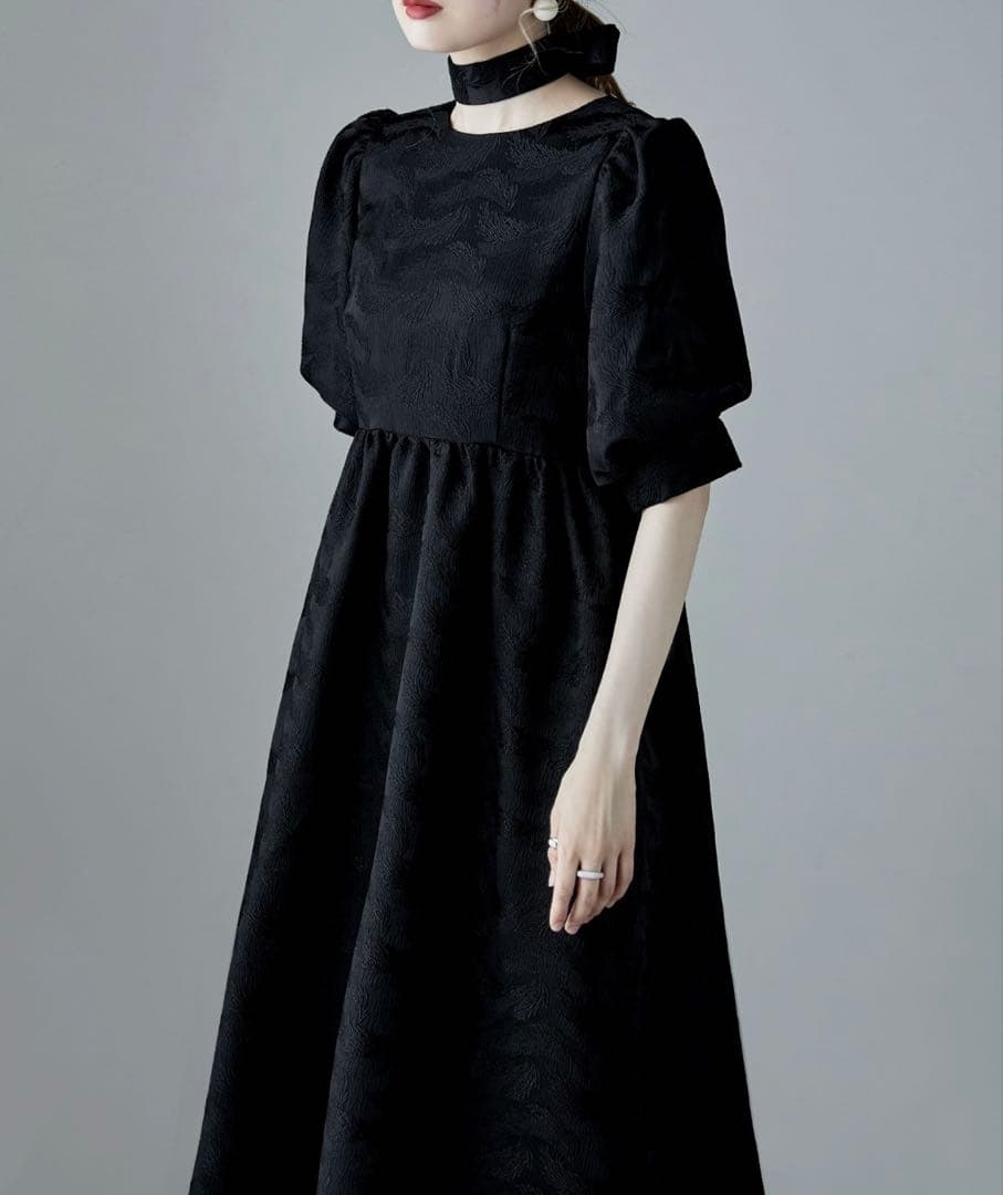 etoll.ジャガードパフスリーブドレス　M-long リボン付き