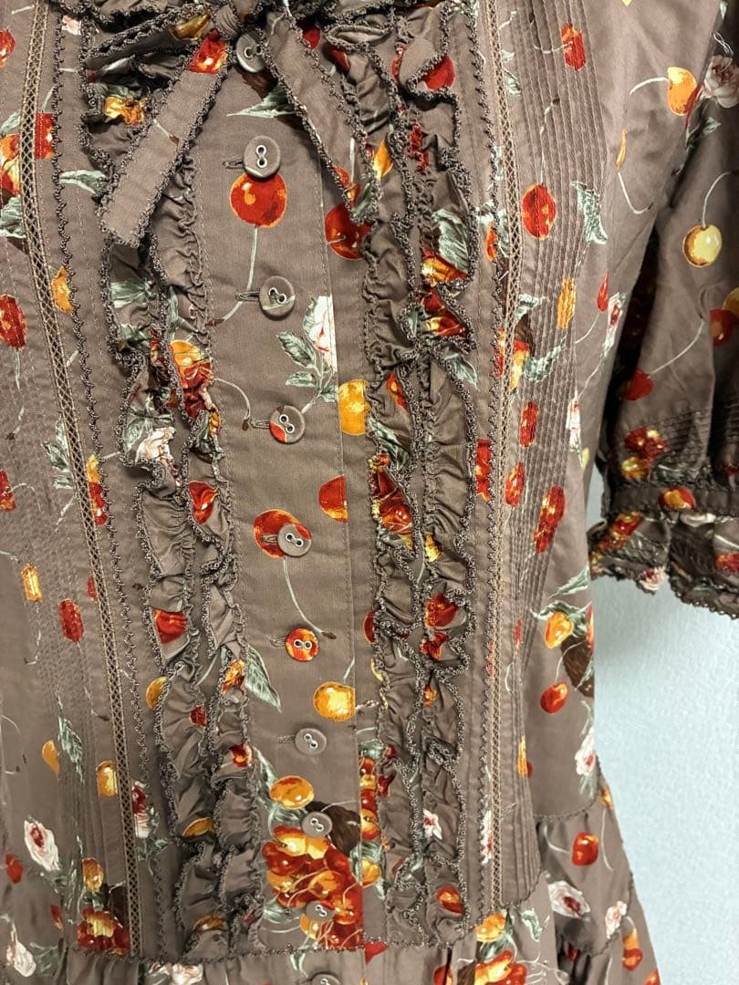 極美品✨PINKHOUSEチェリーカゴ柄ロングワンピース 半袖 ブラウン系