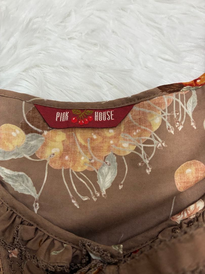 極美品✨PINKHOUSEチェリーカゴ柄ロングワンピース 半袖 ブラウン系