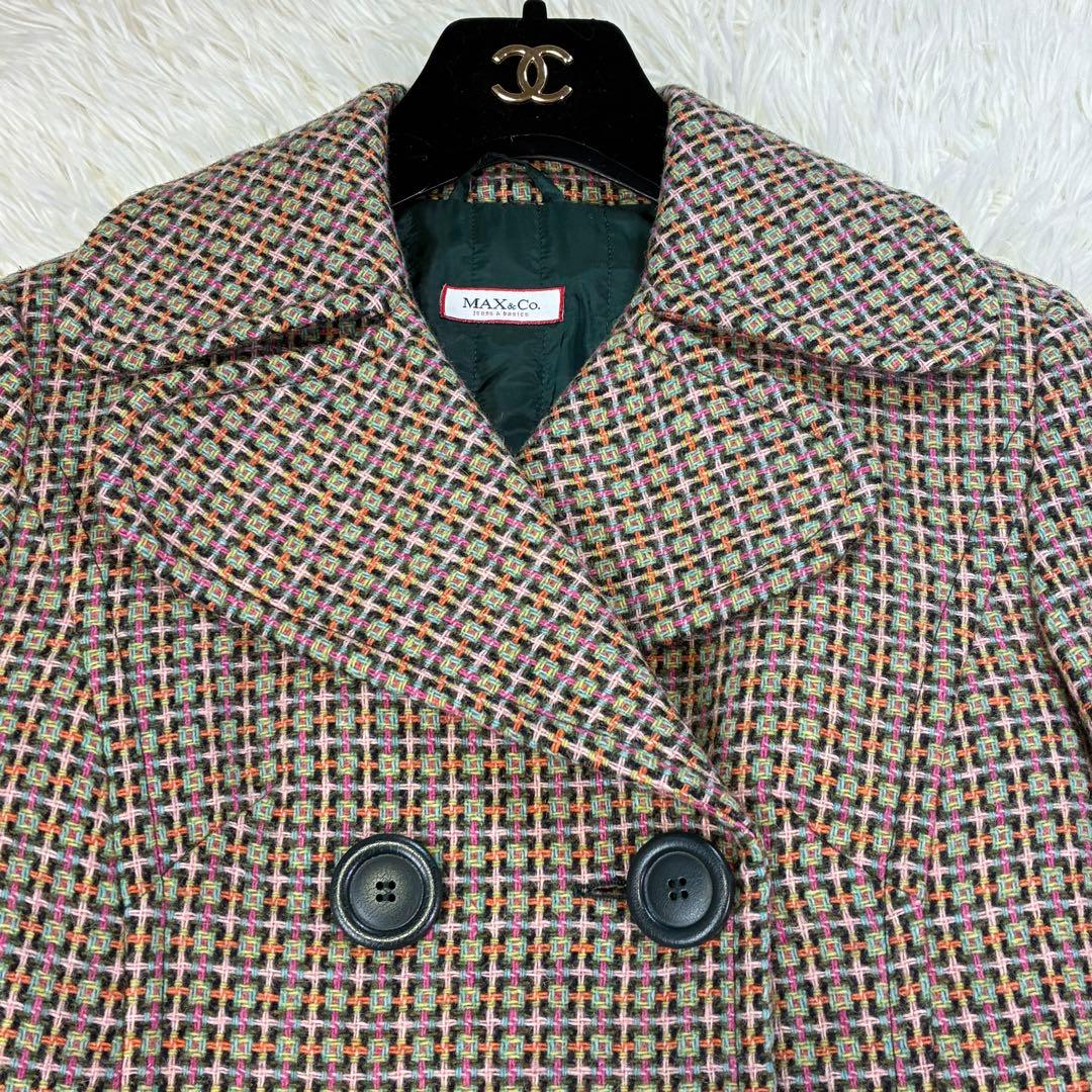 MAX&Co モヘア混 ツイード ダブル ロングコート キルティング グリーン系