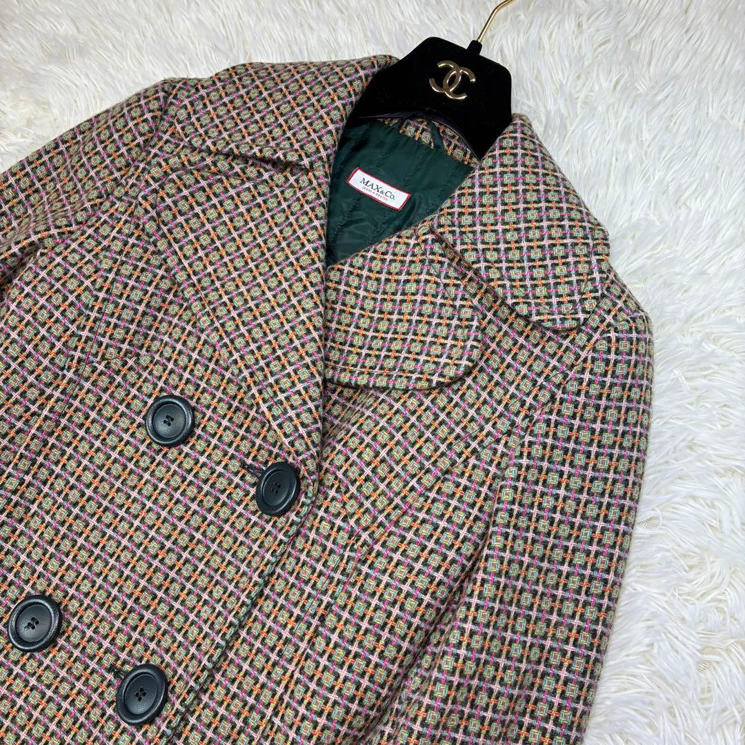 MAX&Co モヘア混 ツイード ダブル ロングコート キルティング グリーン系