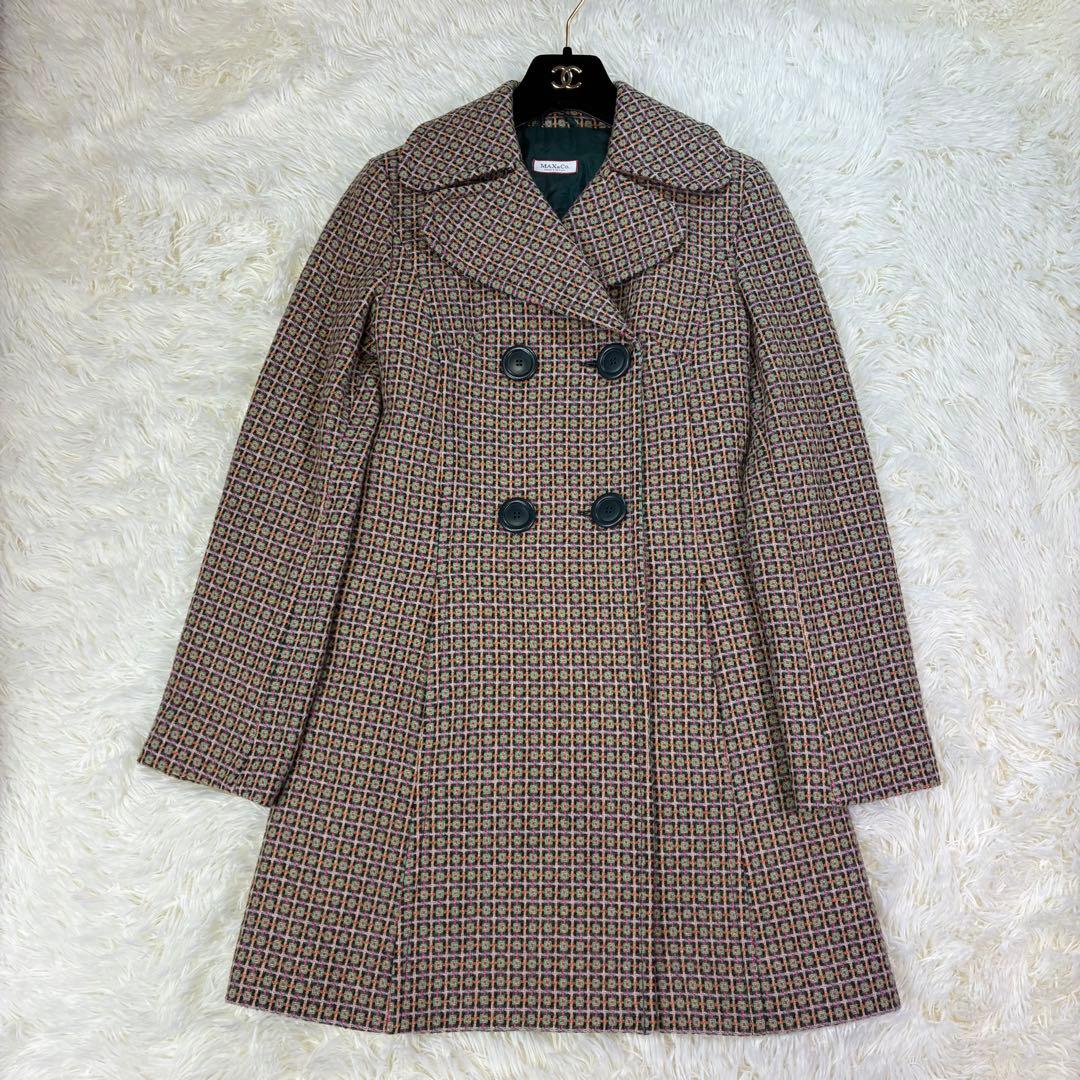 MAX&Co モヘア混 ツイード ダブル ロングコート キルティング グリーン系