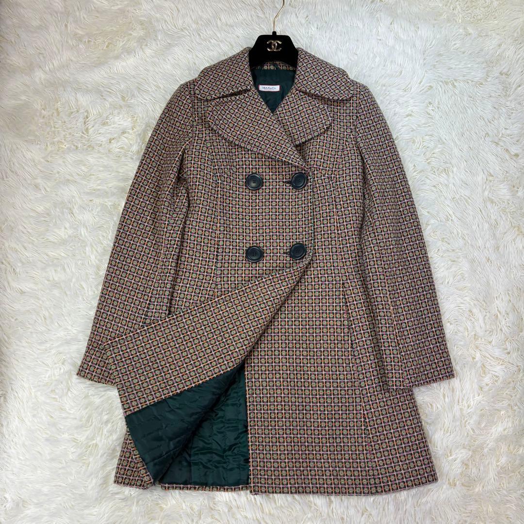 MAX&Co モヘア混 ツイード ダブル ロングコート キルティング グリーン系