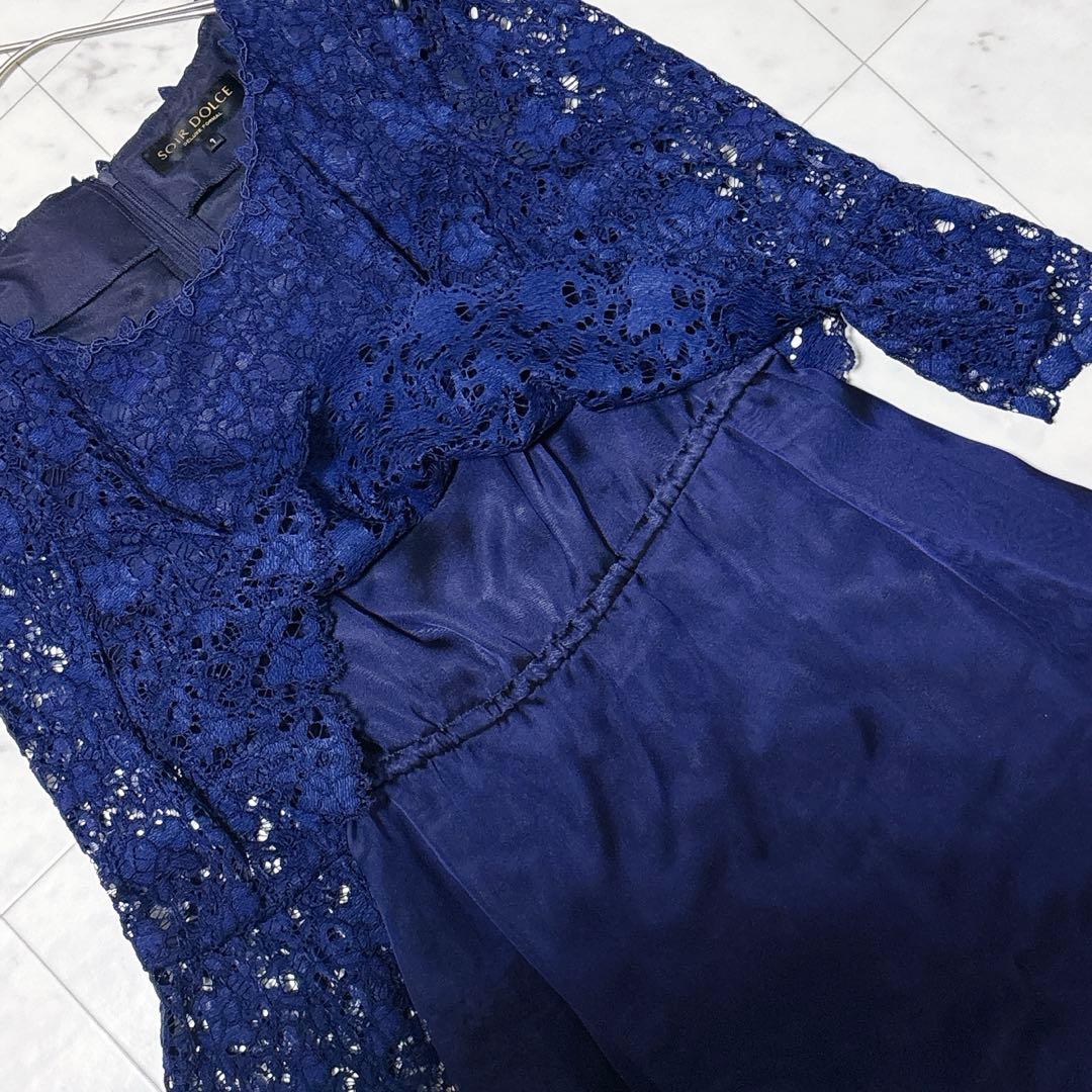 美品 ソワールドルチェ レース オーガンジー ロングドレス フレア 現行 紺