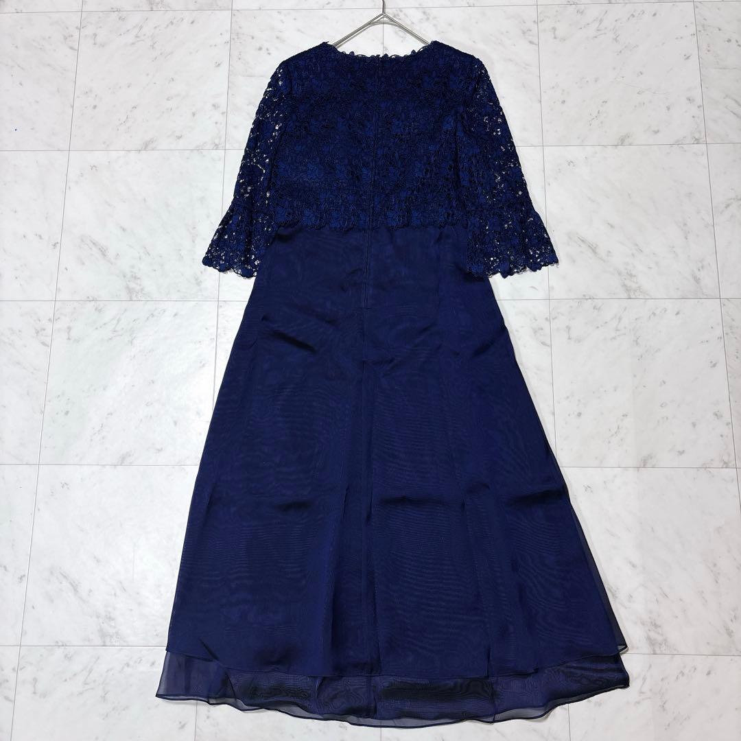 美品 ソワールドルチェ レース オーガンジー ロングドレス フレア 現行 紺