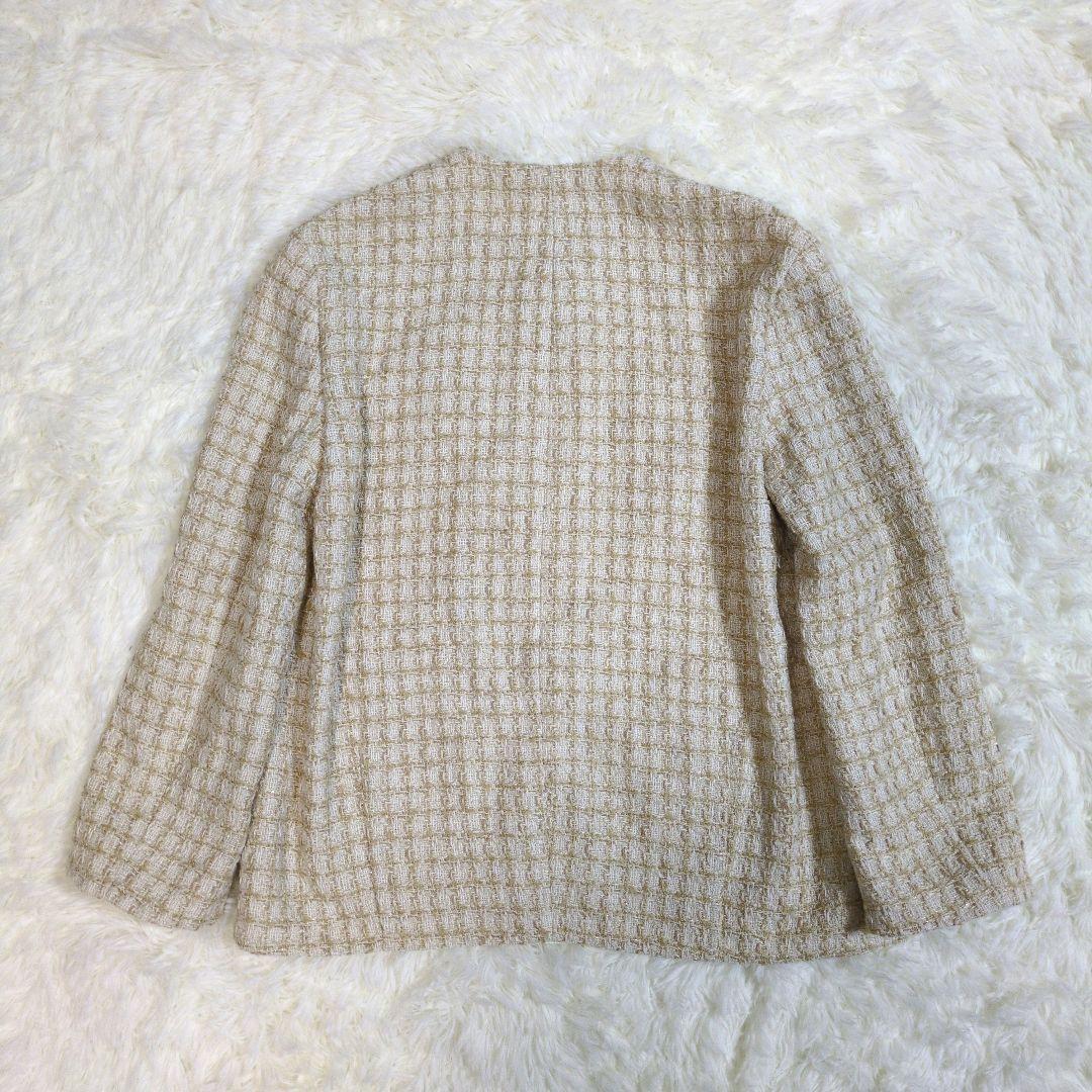 ミラオーウェン　ノーカラー　ツイードジャケット　金ボタン　羊毛　ラムウール