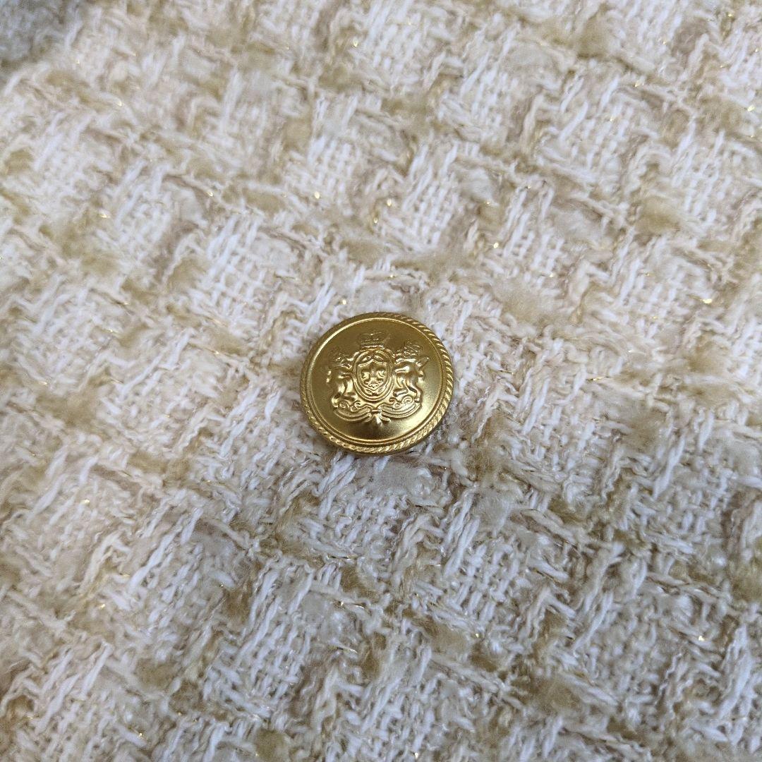ミラオーウェン　ノーカラー　ツイードジャケット　金ボタン　羊毛　ラムウール