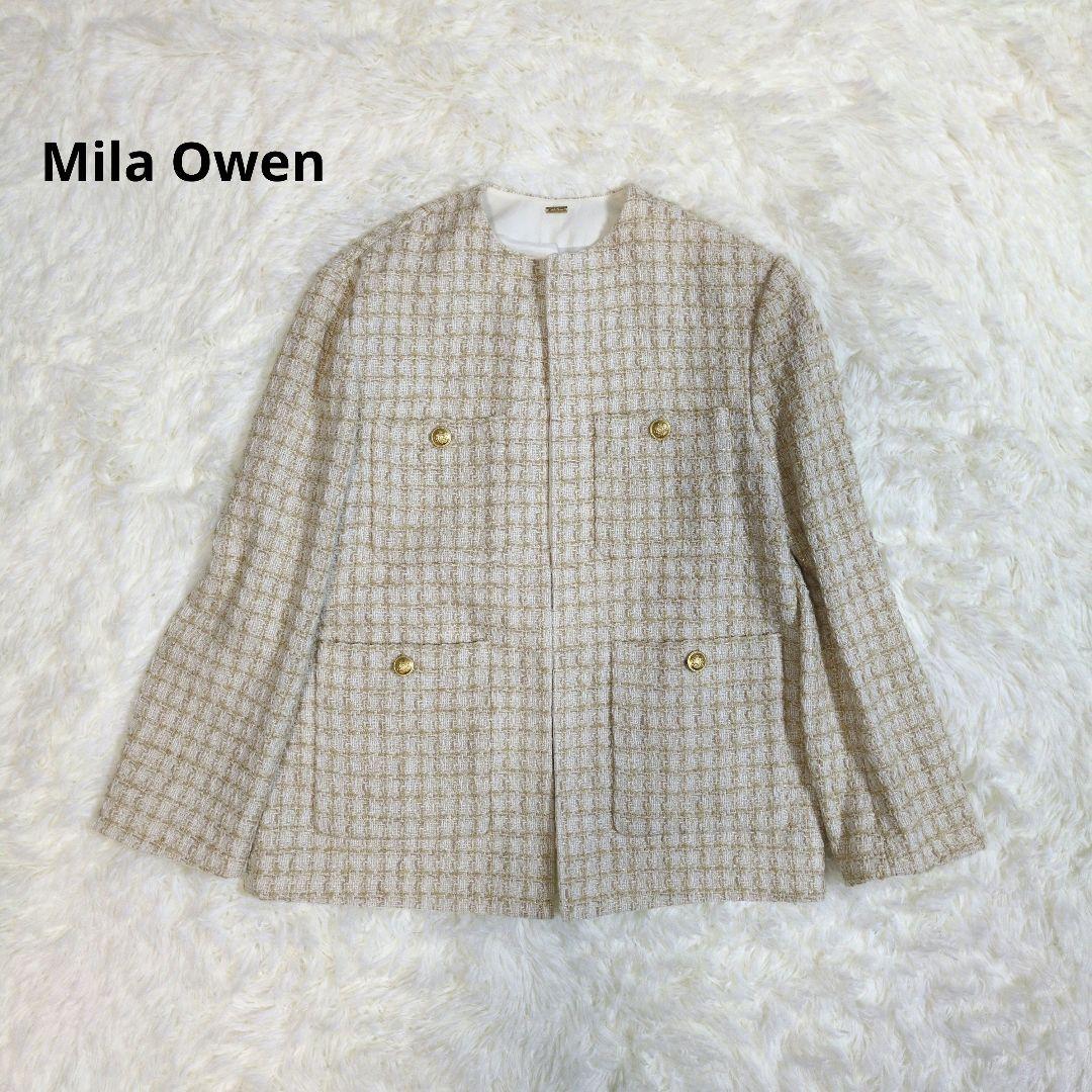 ミラオーウェン　ノーカラー　ツイードジャケット　金ボタン　羊毛　ラムウール