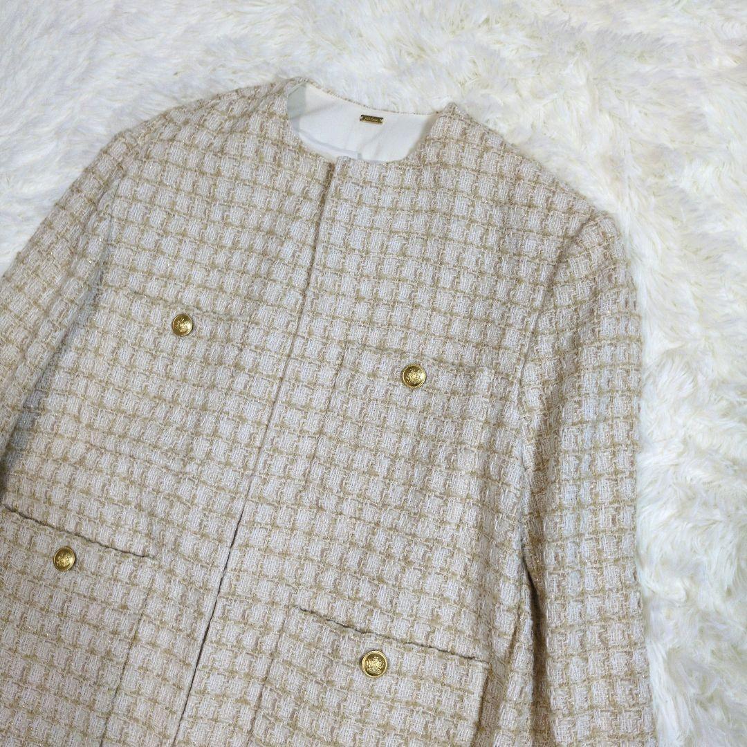 ミラオーウェン　ノーカラー　ツイードジャケット　金ボタン　羊毛　ラムウール