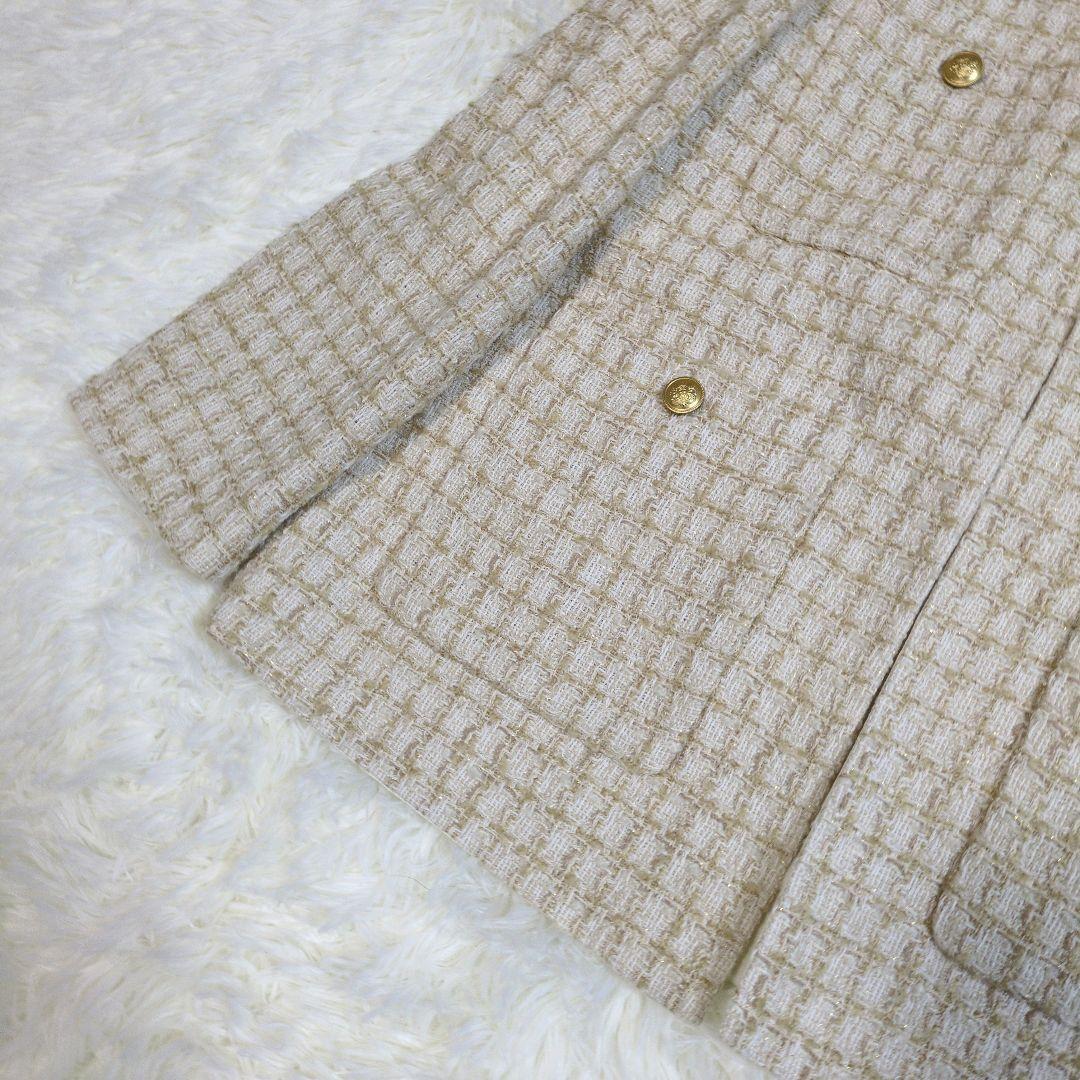 ミラオーウェン　ノーカラー　ツイードジャケット　金ボタン　羊毛　ラムウール