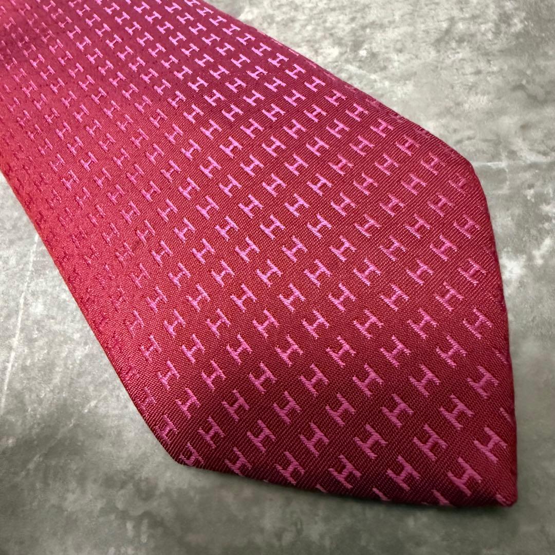 HERMES エルメス ネクタイ ワインレッド ファソネ H柄 定番 王道 光沢