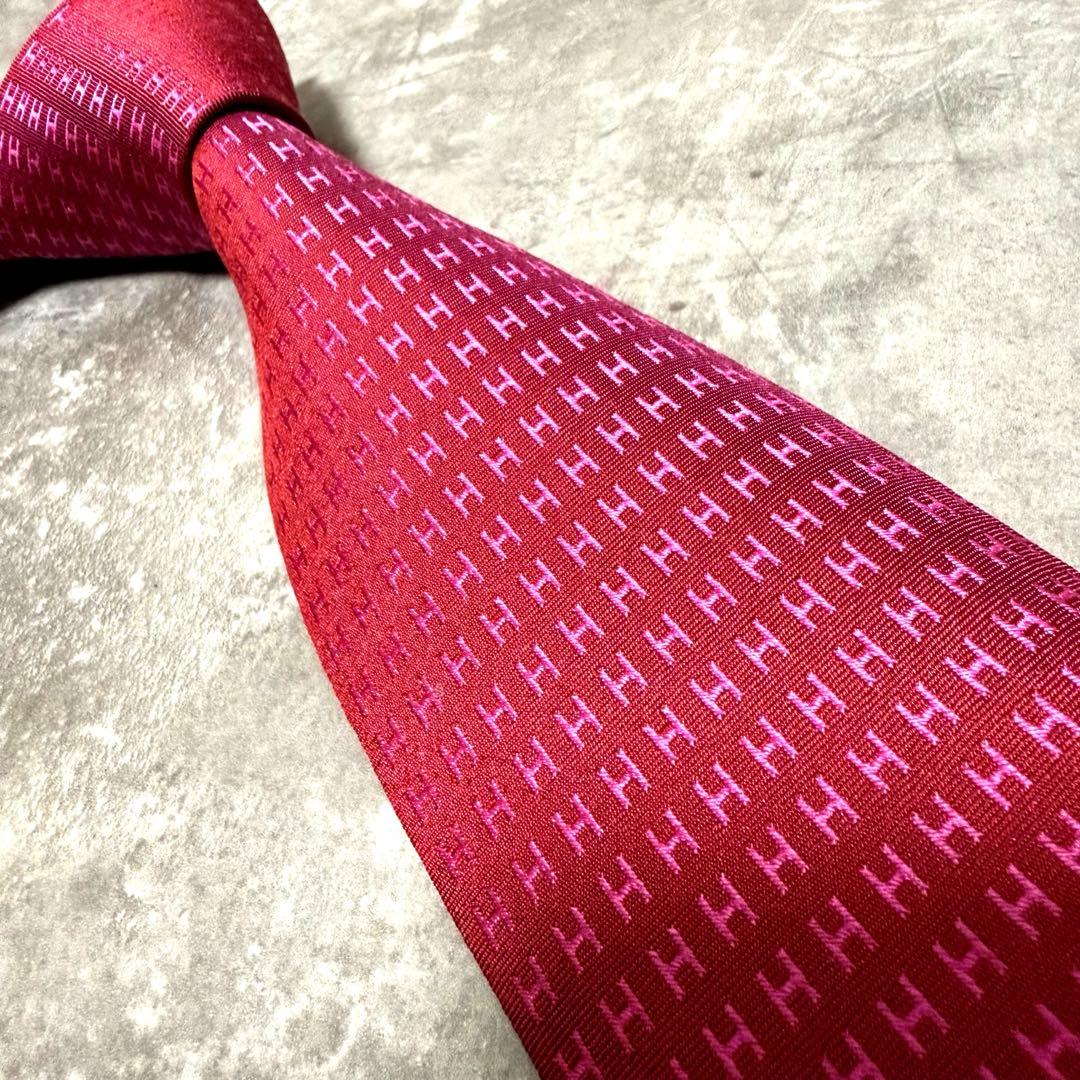 HERMES エルメス ネクタイ ワインレッド ファソネ H柄 定番 王道 光沢