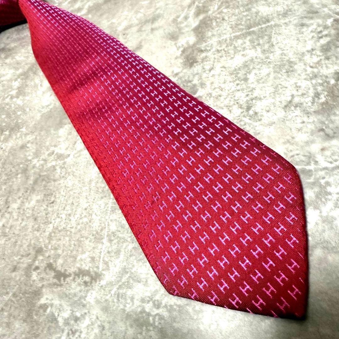 HERMES エルメス ネクタイ ワインレッド ファソネ H柄 定番 王道 光沢