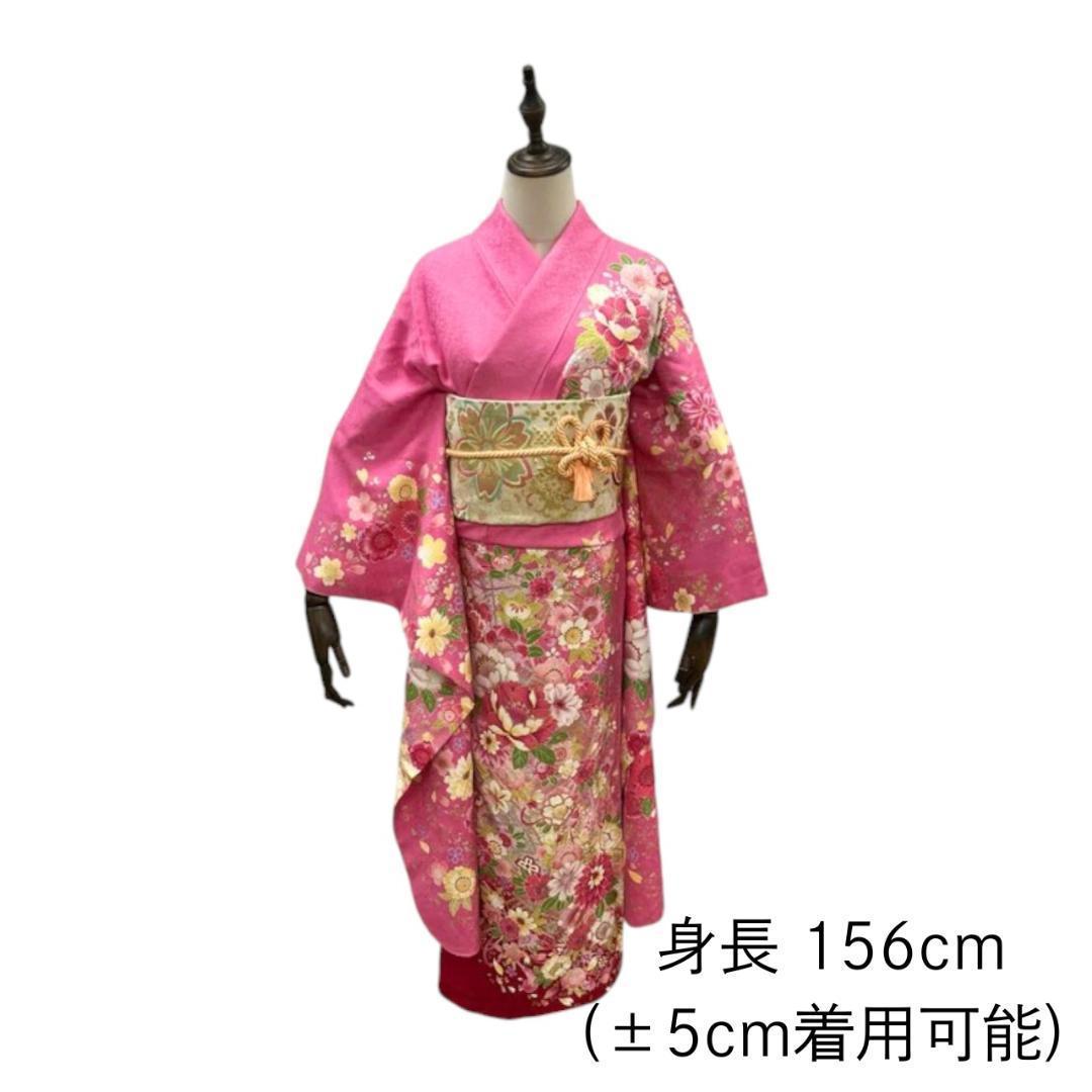 ※【美品】 振袖セット 成人式 正絹 古典柄 振袖 ピンク *131 ●