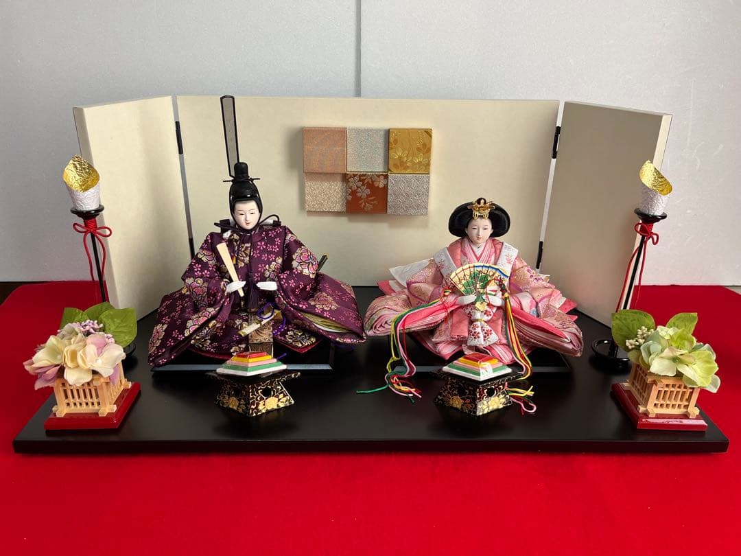 親王飾り　宴(燭台変更) 27cm雪洞、刺繍入本毛氈