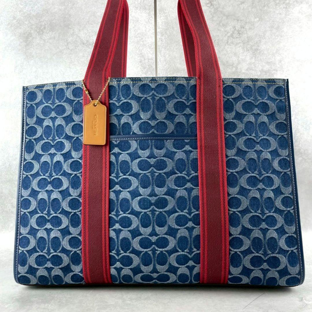 未使用 コーチ ラージ スミス トートバッグ ビジネス ロゴ デニム A4可 青