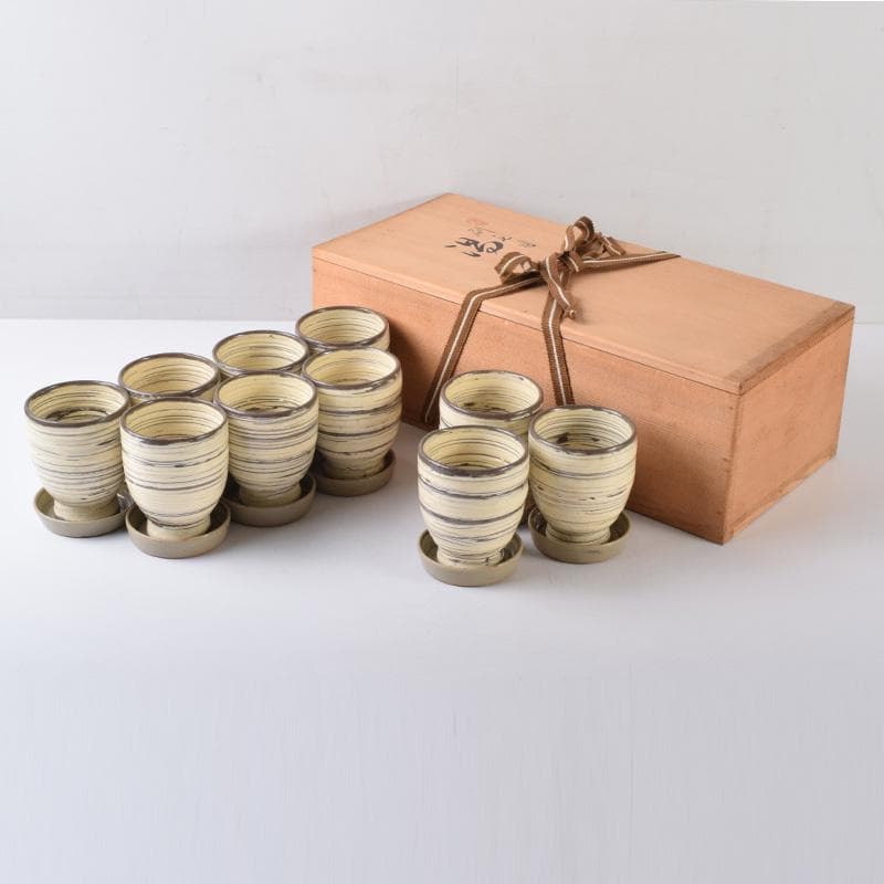 煎茶道具　春来居窯　多気檗山作　刷毛目　湯呑　茶托付　十客　共箱　C　8221