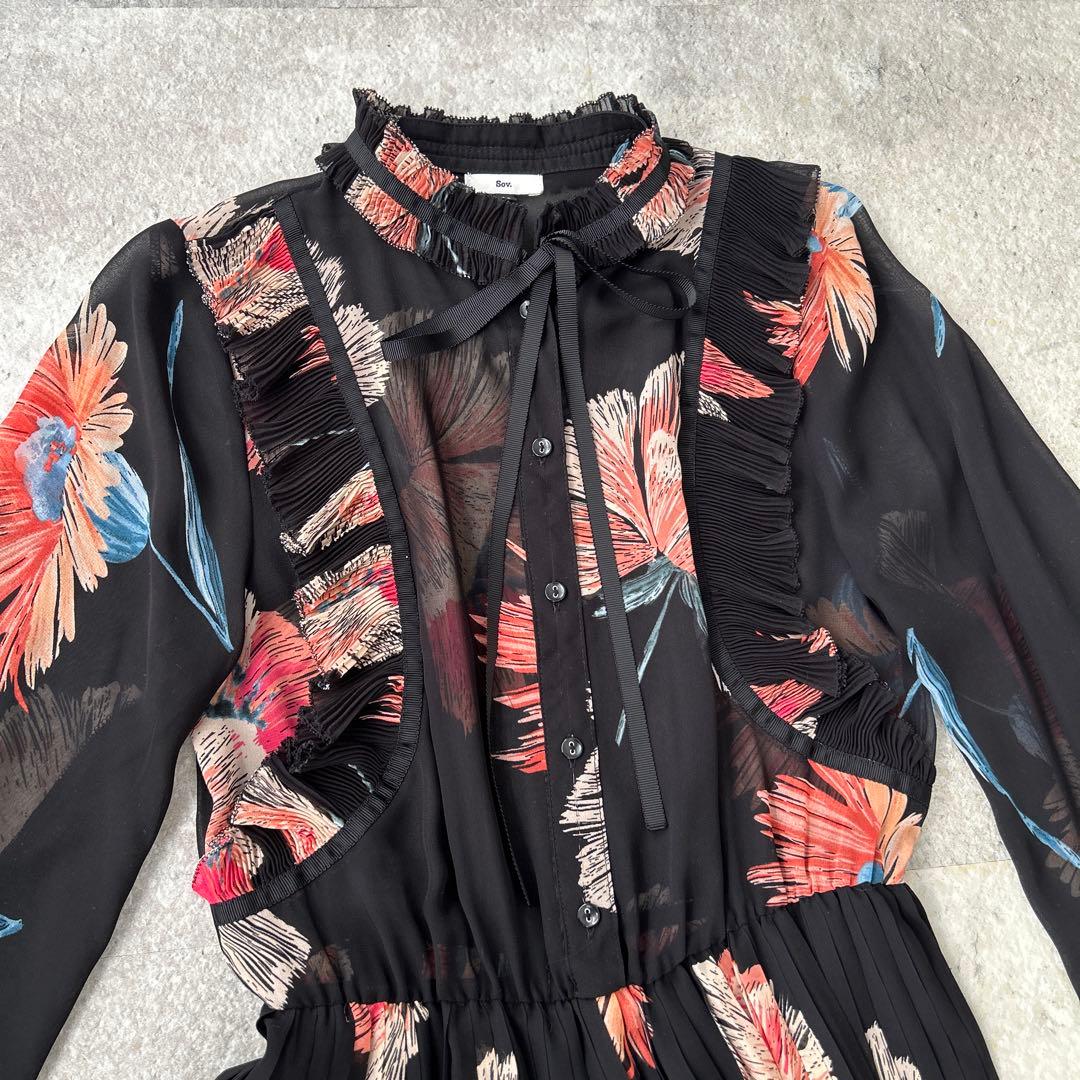 ダブルスタンダードクロージング ソブ 花柄フリルシフォンマキシワンピース S