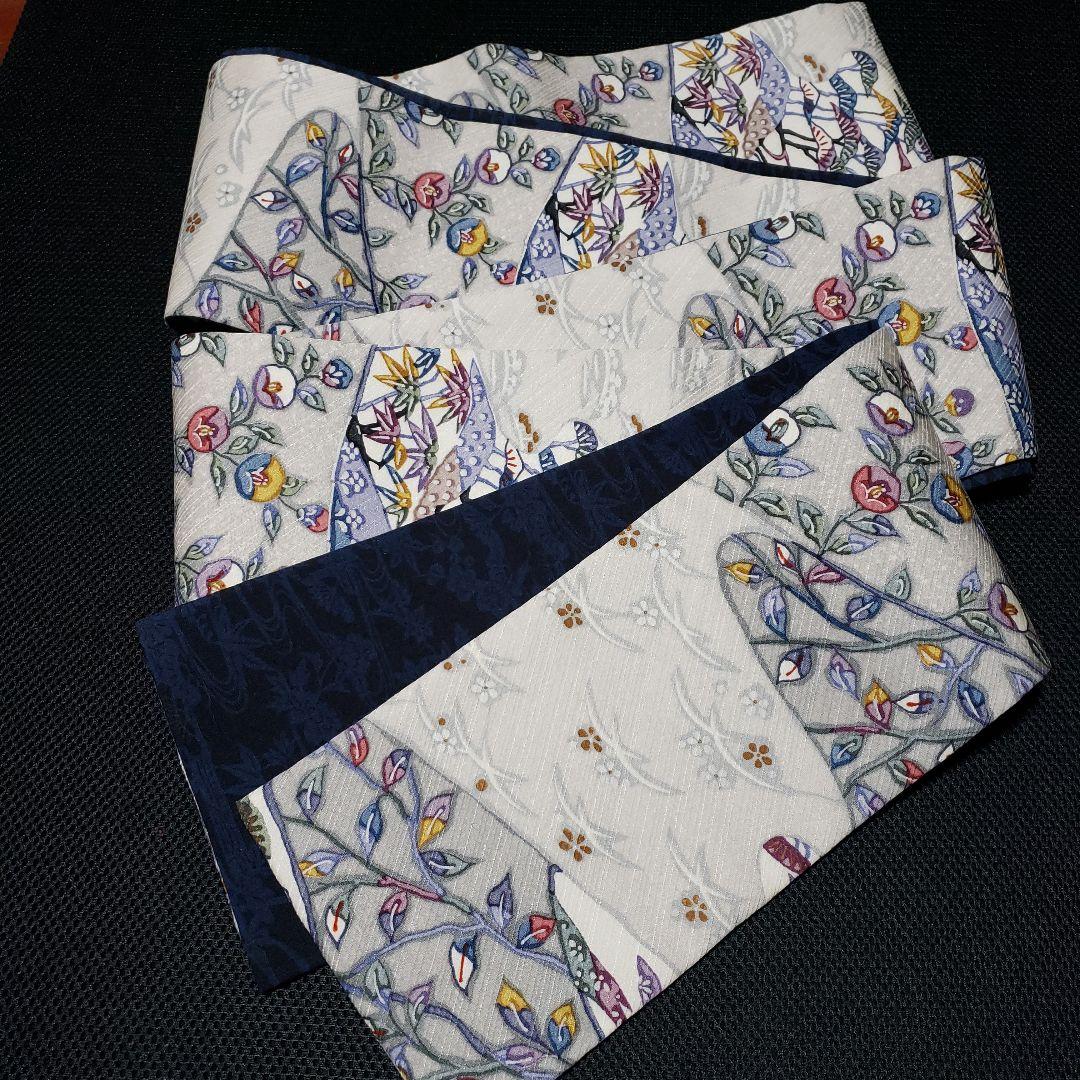 半幅帯 正絹 リバーシブル 紅型 丹後ちりめん 藍染め結城紬