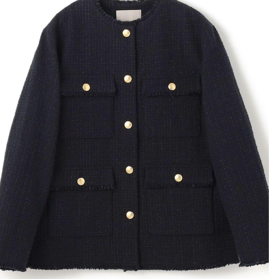美品　UNFILO ツイード ノーカラージャケット M 濃紺