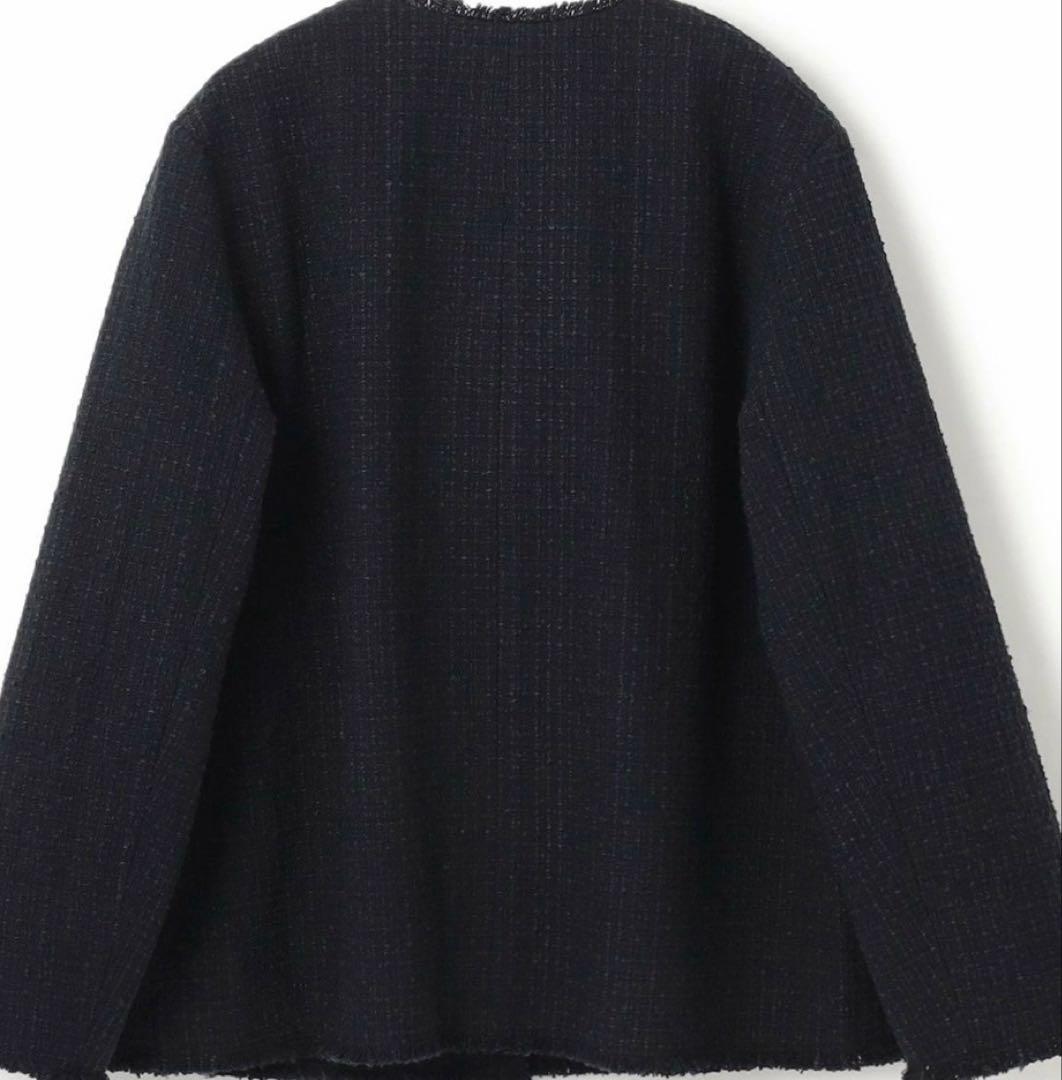 美品　UNFILO ツイード ノーカラージャケット M 濃紺