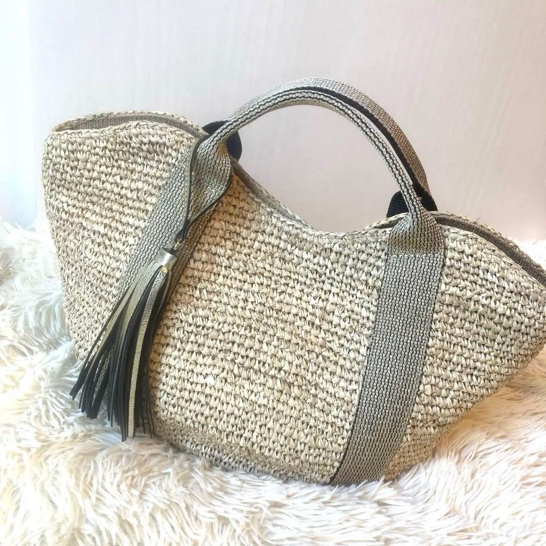 美品　VIOLAd'ORO ヴィオラドーロ　ラフィア　カゴバッグ　革　天然素材